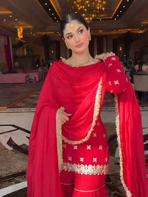 PriyaRedFauxGeorgetteShararaSuitwithLaceDupatta_Sequins1