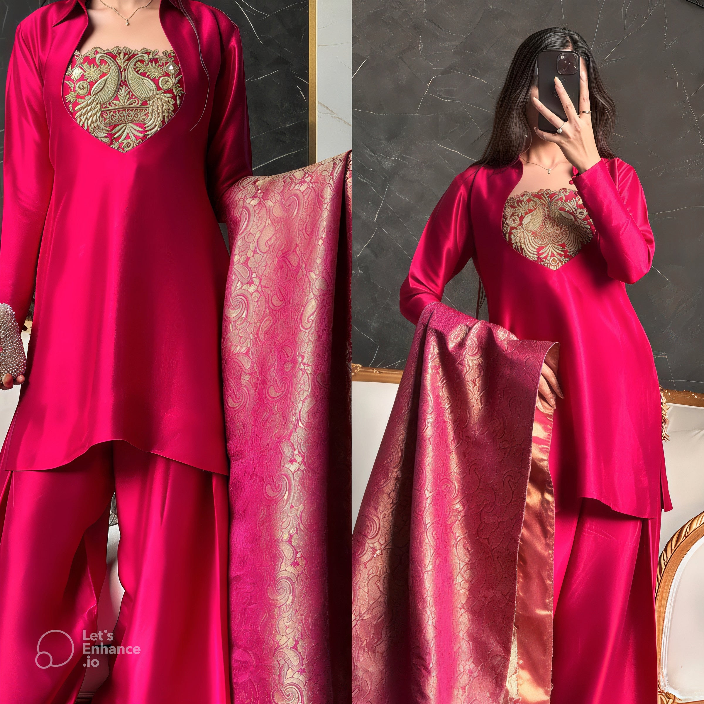 Woman wearing a pink traditional outfit with a matching dupatta, posing in front of a mirror.