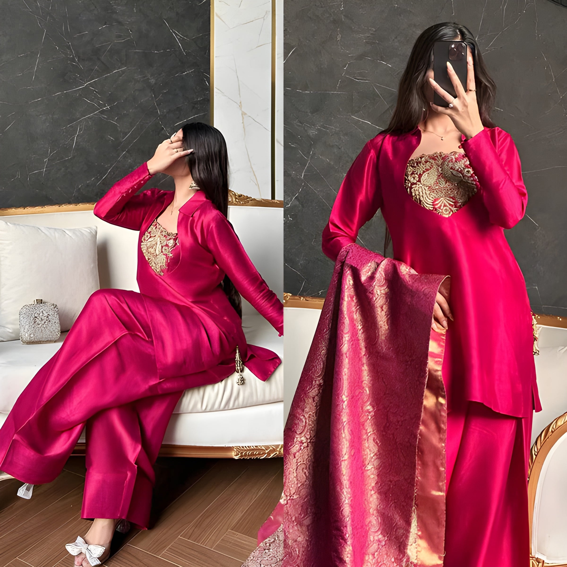 Woman in a bright pink traditional outfit with gold embroidery, sitting on a couch.
