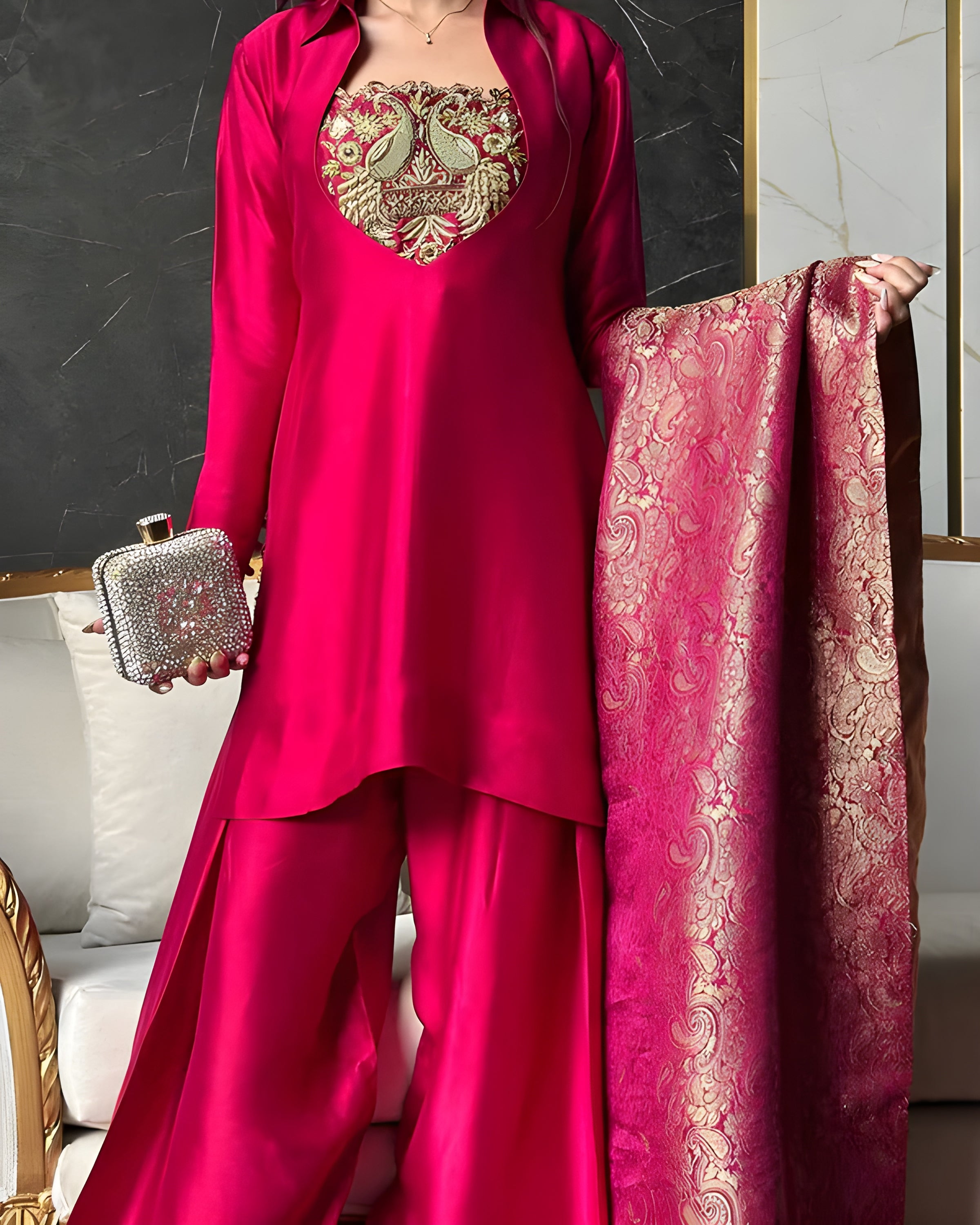Person wearing a bright pink traditional outfit with intricate embroidery, holding a matching dupatta and clutch.