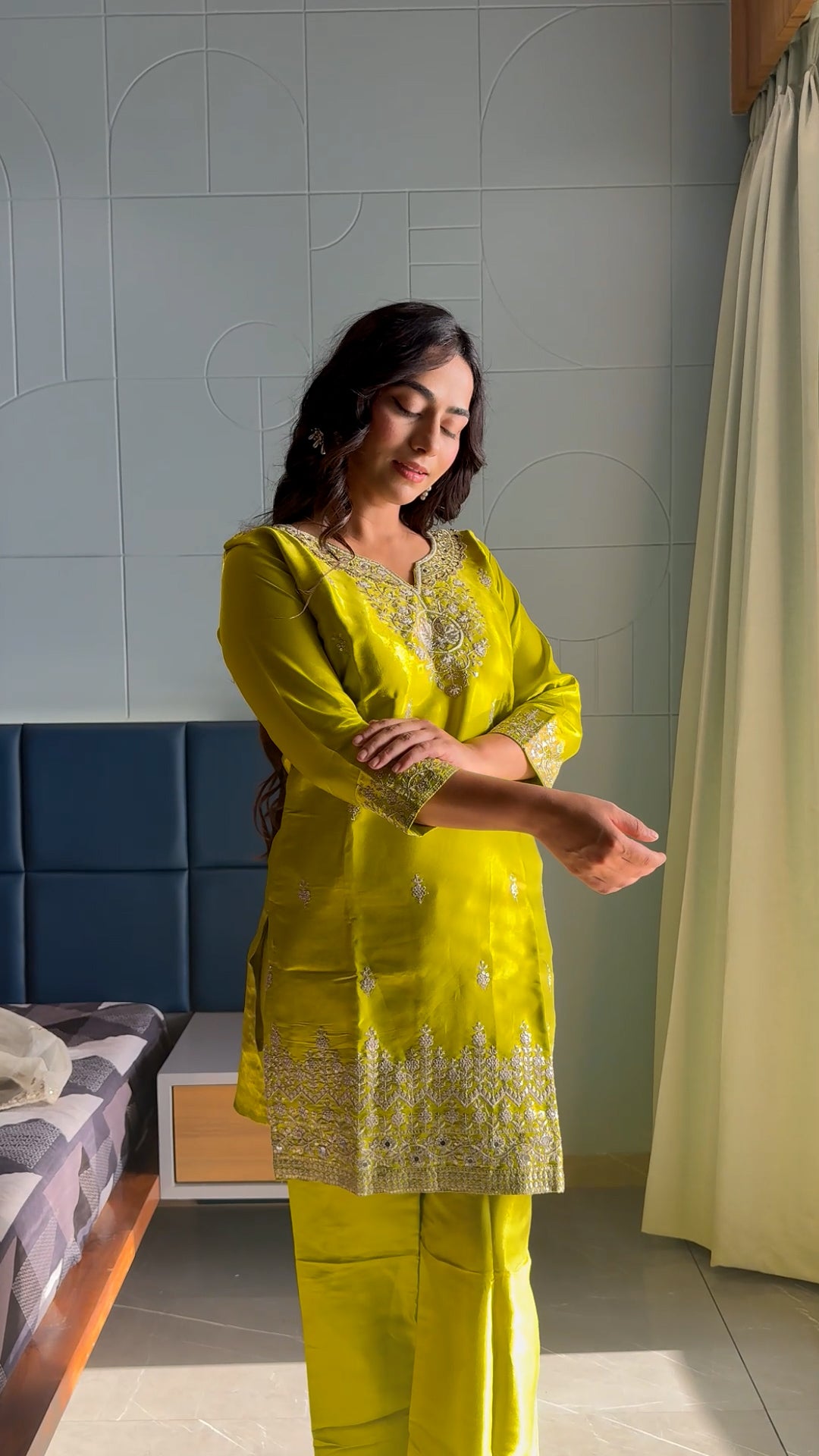 Radhika Lime Zest Silk Embroidered Kurta Set with Organza Dupatta -1