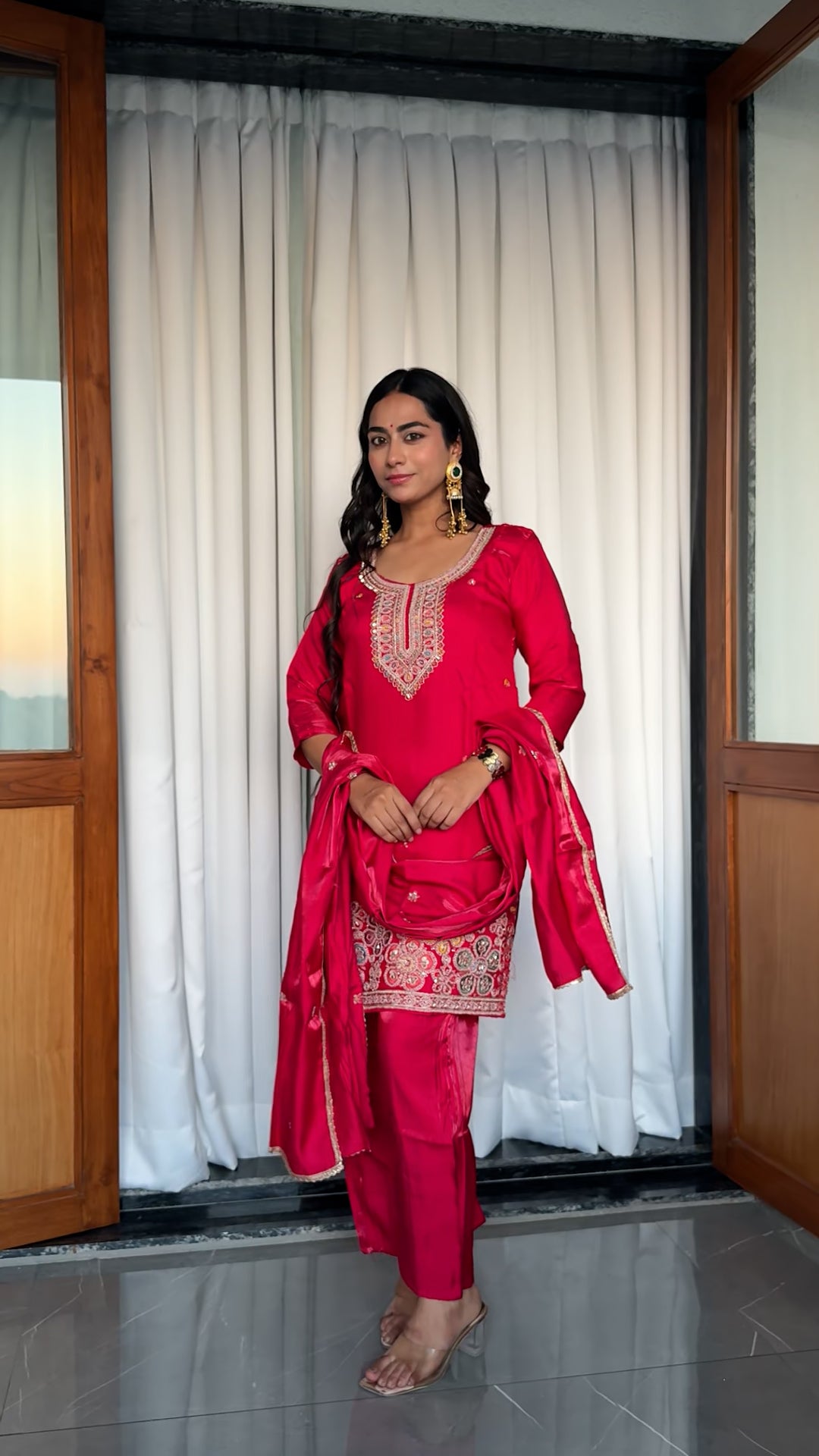 Saira Crimson Royale Zari Embroidered Silk Kurta Palazzo Set_4