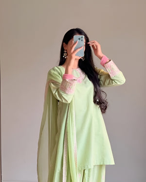 Person wearing a light green traditional outfit with pink embroidery, standing against a plain background.