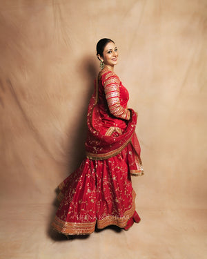 Tabu Inspired Red Taffeta Silk Lehenga Set with Sequins & Zari