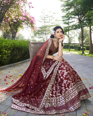 TanishkaMaroonBridalLehengaCholiSet