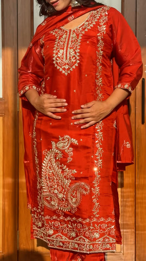 Zareen Vermilion Regal Zari Embroidered Silk Kurta Pant Set with Dupatta_1