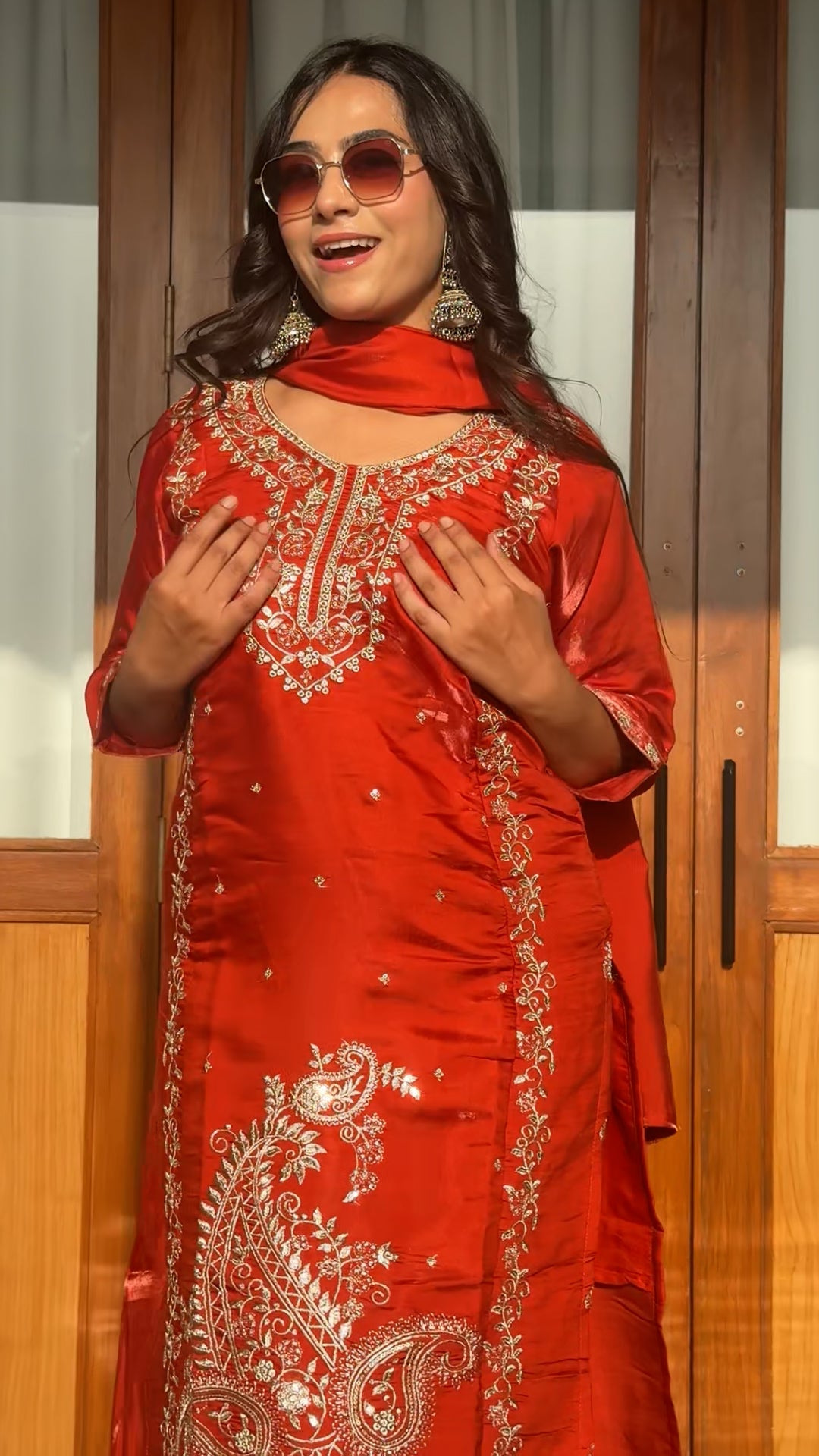 Zareen Vermilion Regal Zari Embroidered Silk Kurta Pant Set with Dupatta_4