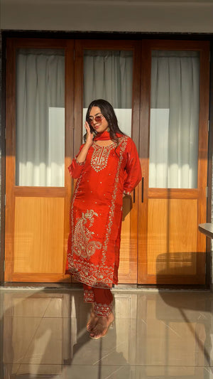 Zareen Vermilion Regal Zari Embroidered Silk Kurta Pant Set with Dupatta_5