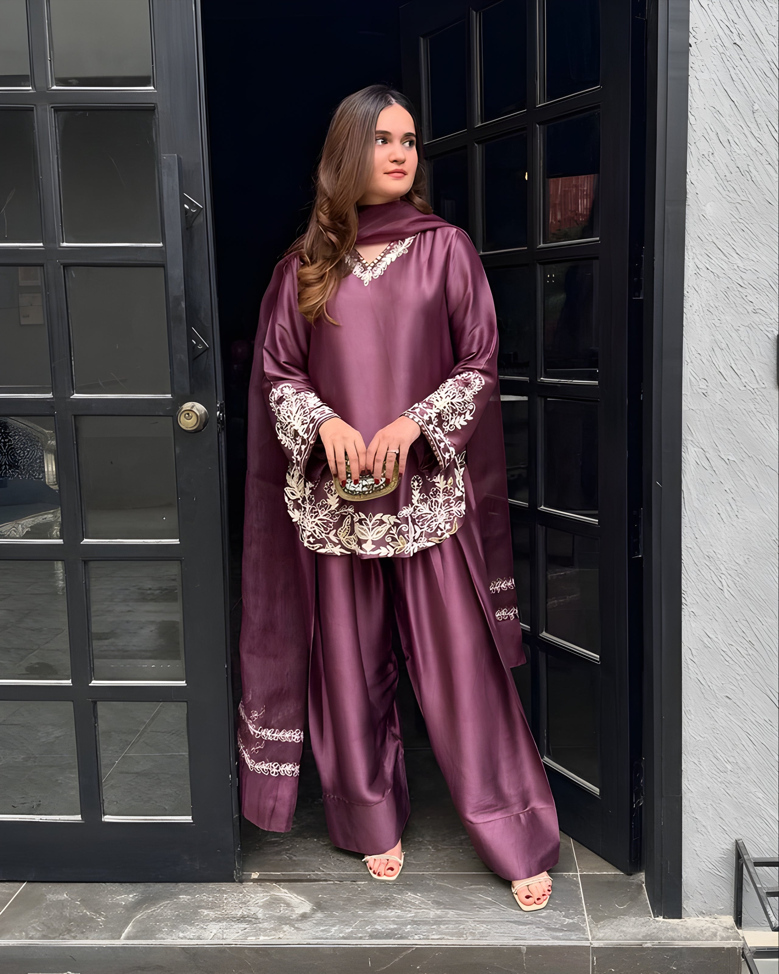 Women wearing Ziya Plum Silk Farshi Suit -Lahariya.com