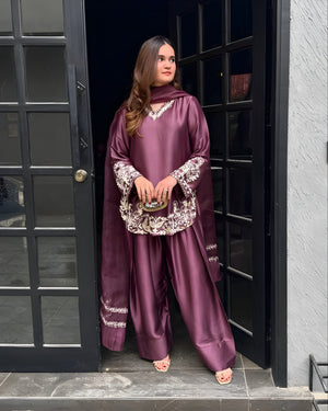 Women wearing Ziya Plum Silk Farshi Suit -Lahariya.com