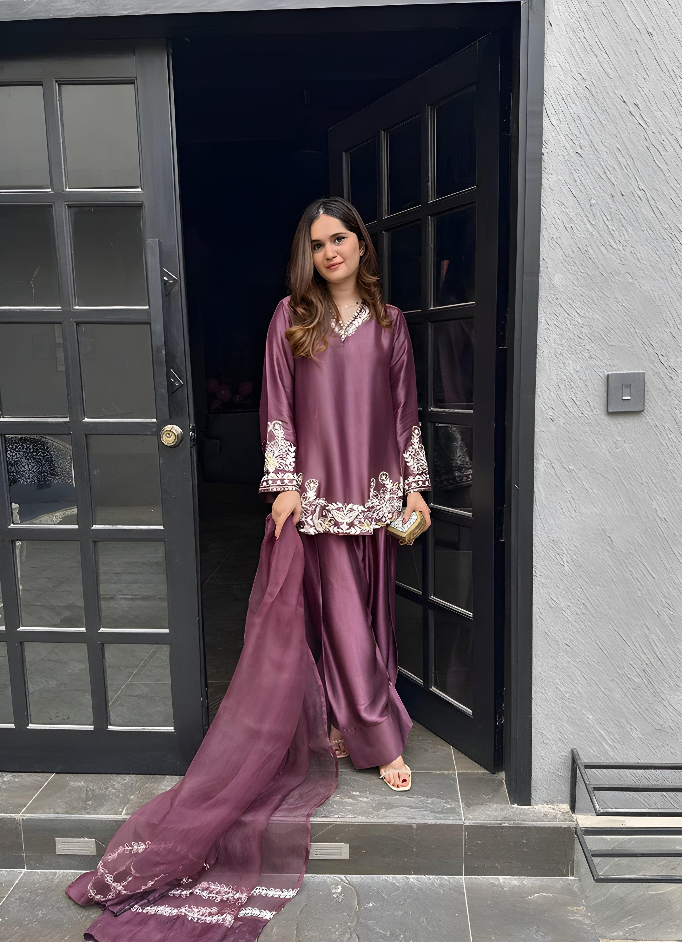 Women wearing Ziya Plum Silk Farshi Suit -Lahariya.com