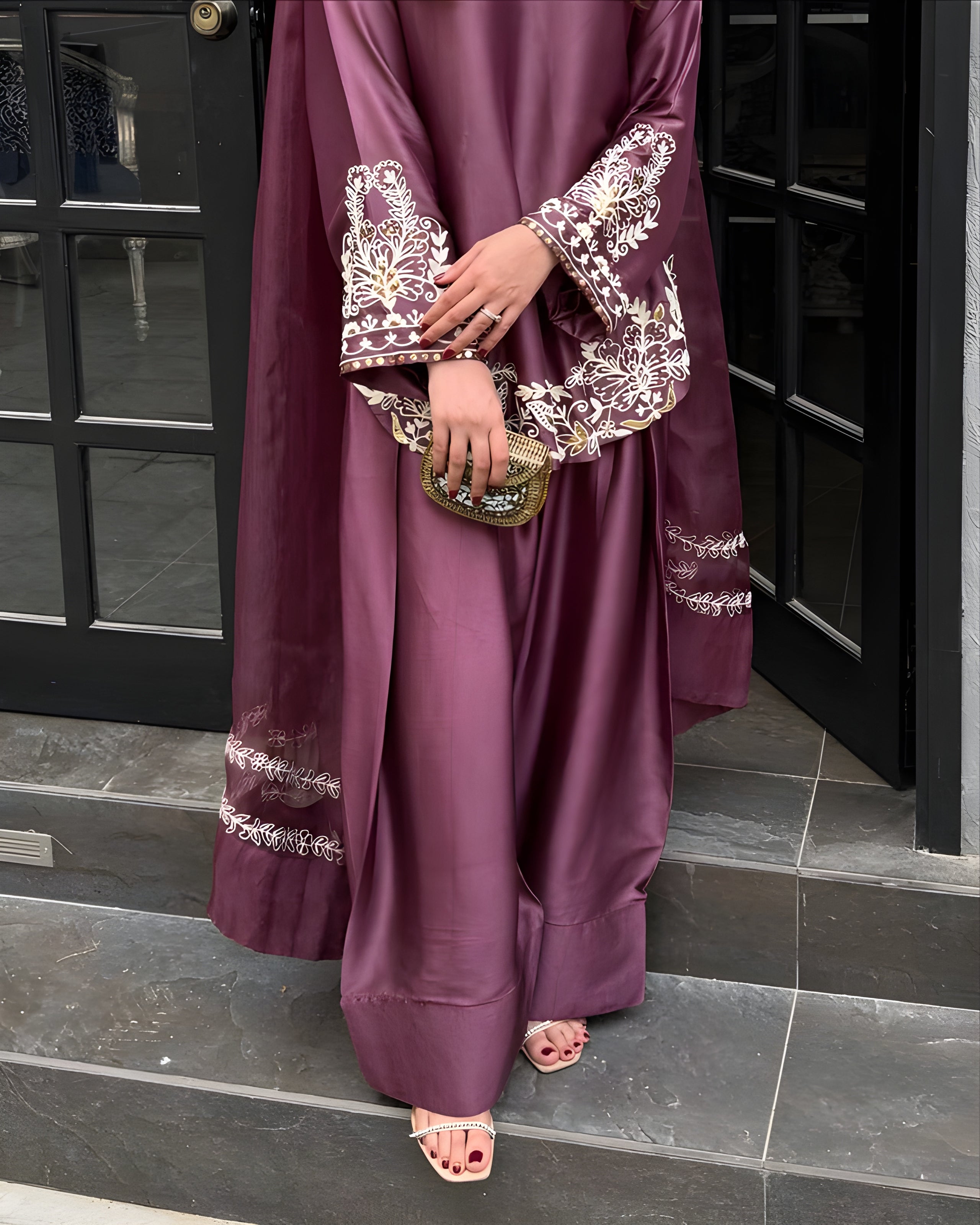 Women wearing Ziya Plum Silk Farshi Suit -Lahariya.com