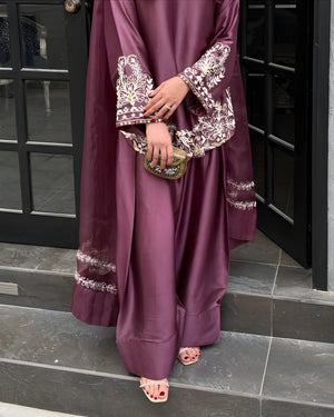 Women wearing Ziya Plum Silk Farshi Suit -Lahariya.com