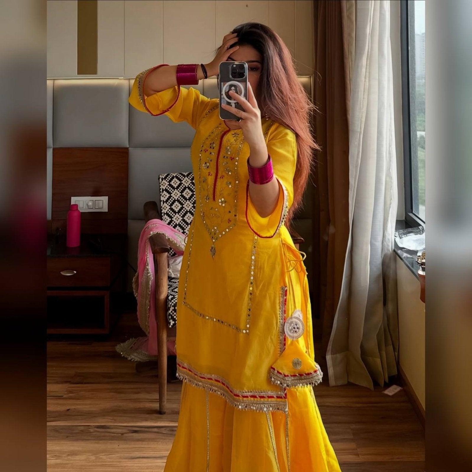 Myra Yellow Chinon Silk Sharara Set with Zimmy Chu Dupatta