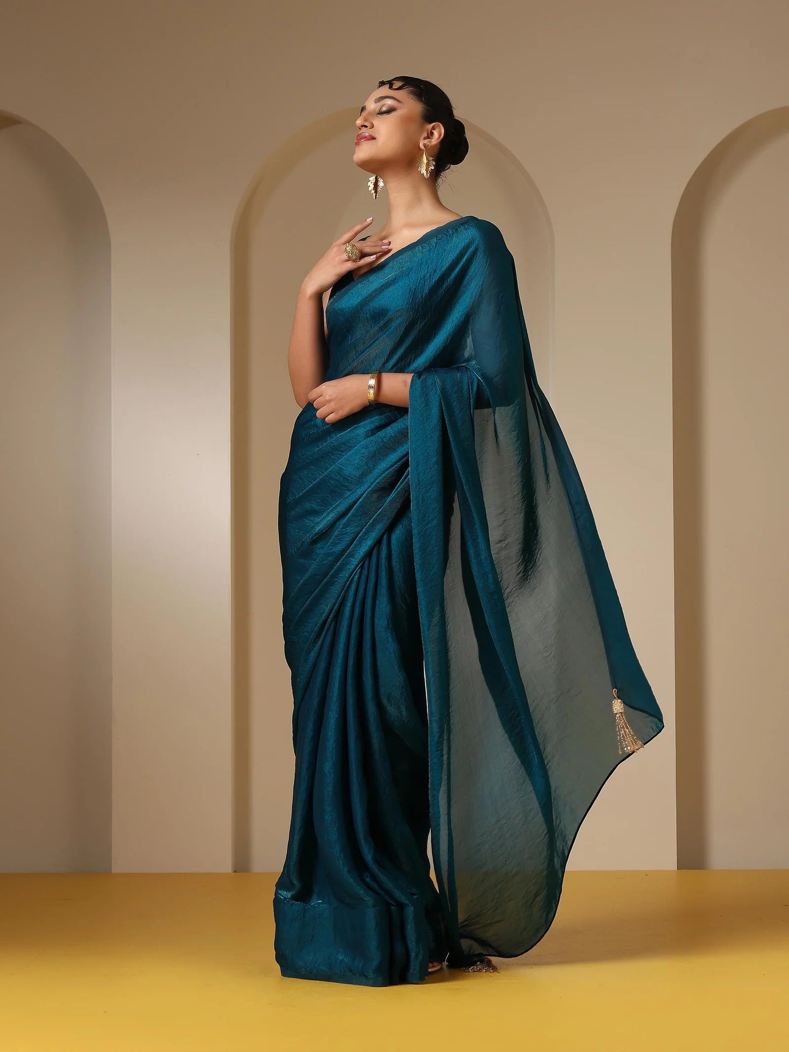 Lahariya “Midnight Glow” Blue Shimmer Satin Saree with Blouse - Buy latest designer sarees online from Lahariya

