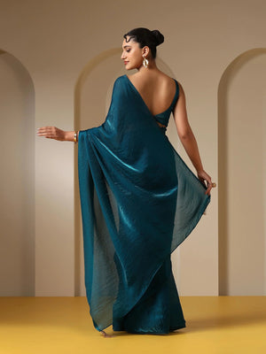Lahariya “Midnight Glow” Blue Shimmer Satin Saree with Blouse - Buy latest designer sarees online from Lahariya
