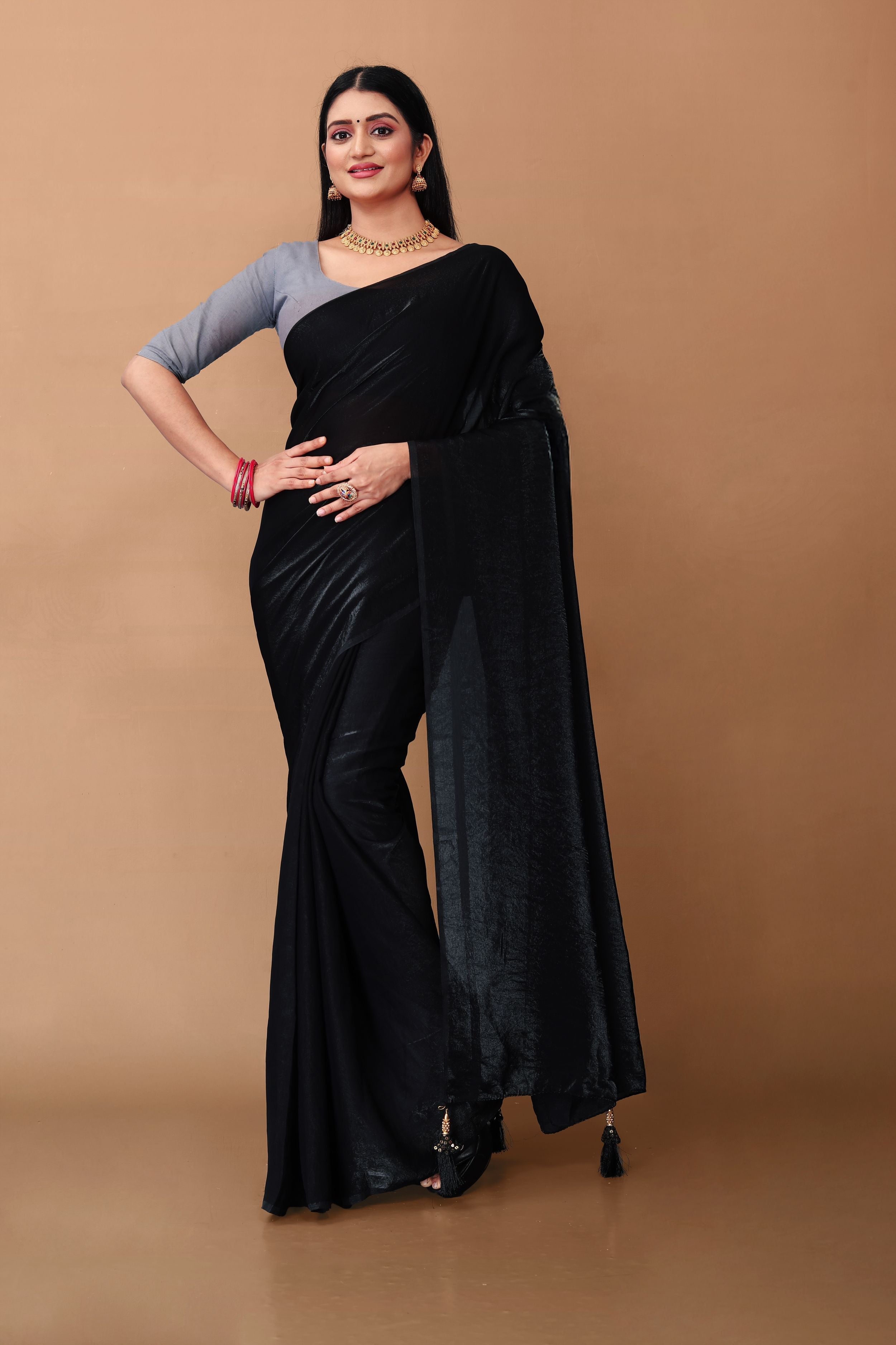 Lahariya “Black Shimmer Satin Saree” with Unstitched Blouse - Buy latest designer sarees online from Lahariya
