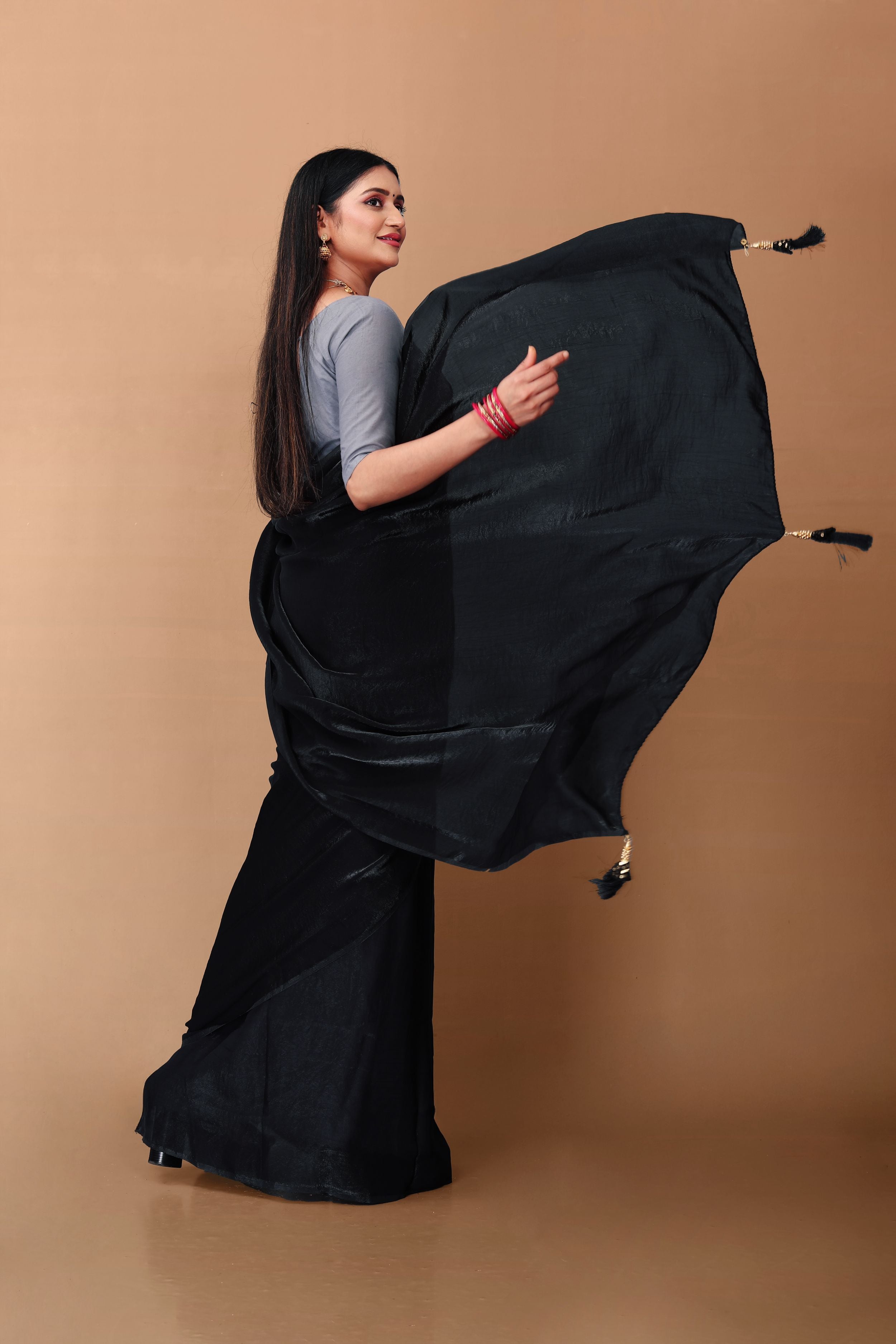 Lahariya “Black Shimmer Satin Saree” with Unstitched Blouse - Buy latest designer sarees online from Lahariya
