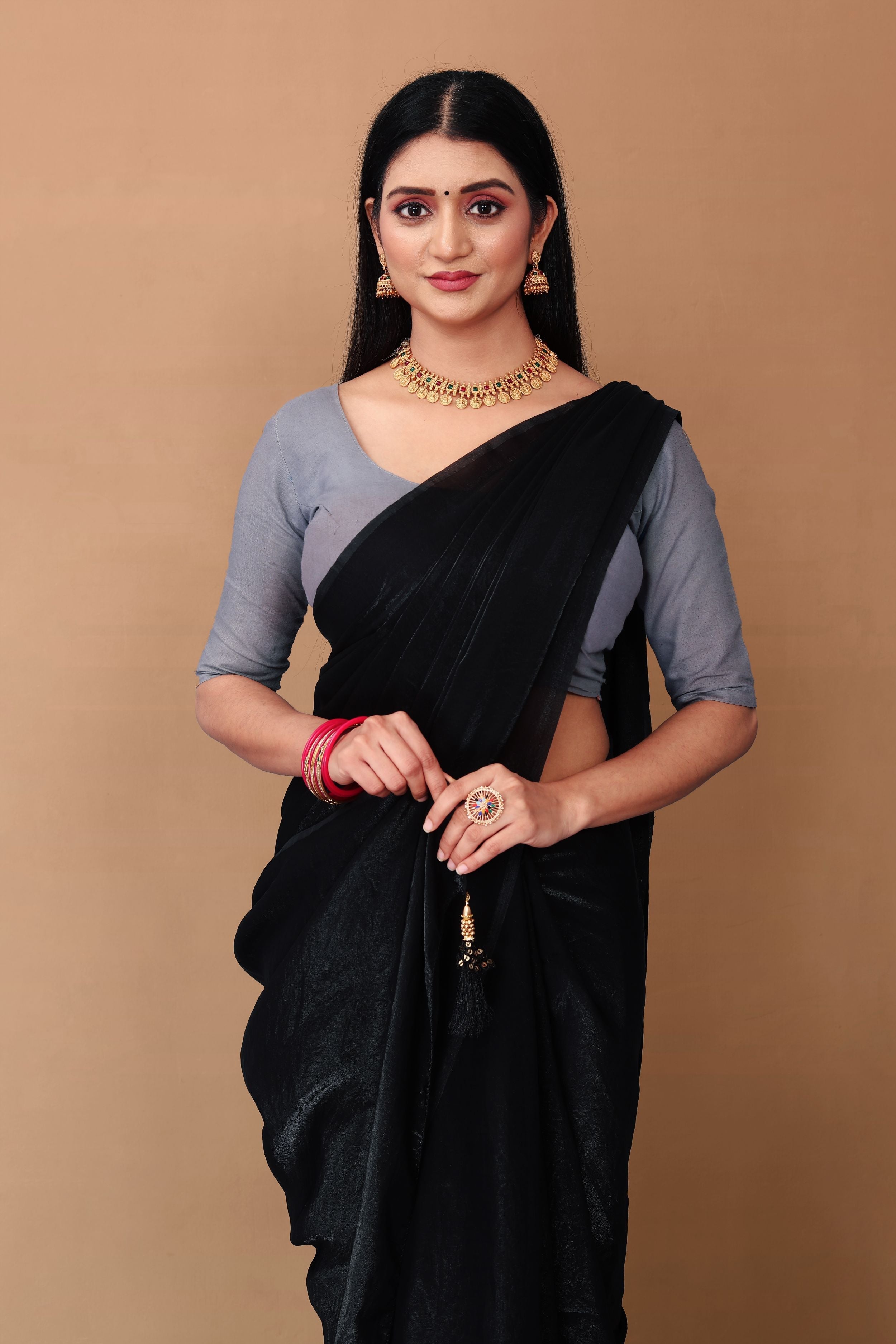 Lahariya “Black Shimmer Satin Saree” with Unstitched Blouse - Buy latest designer sarees online from Lahariya
