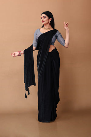 Lahariya “Black Shimmer Satin Saree” with Unstitched Blouse - Buy latest designer sarees online from Lahariya
