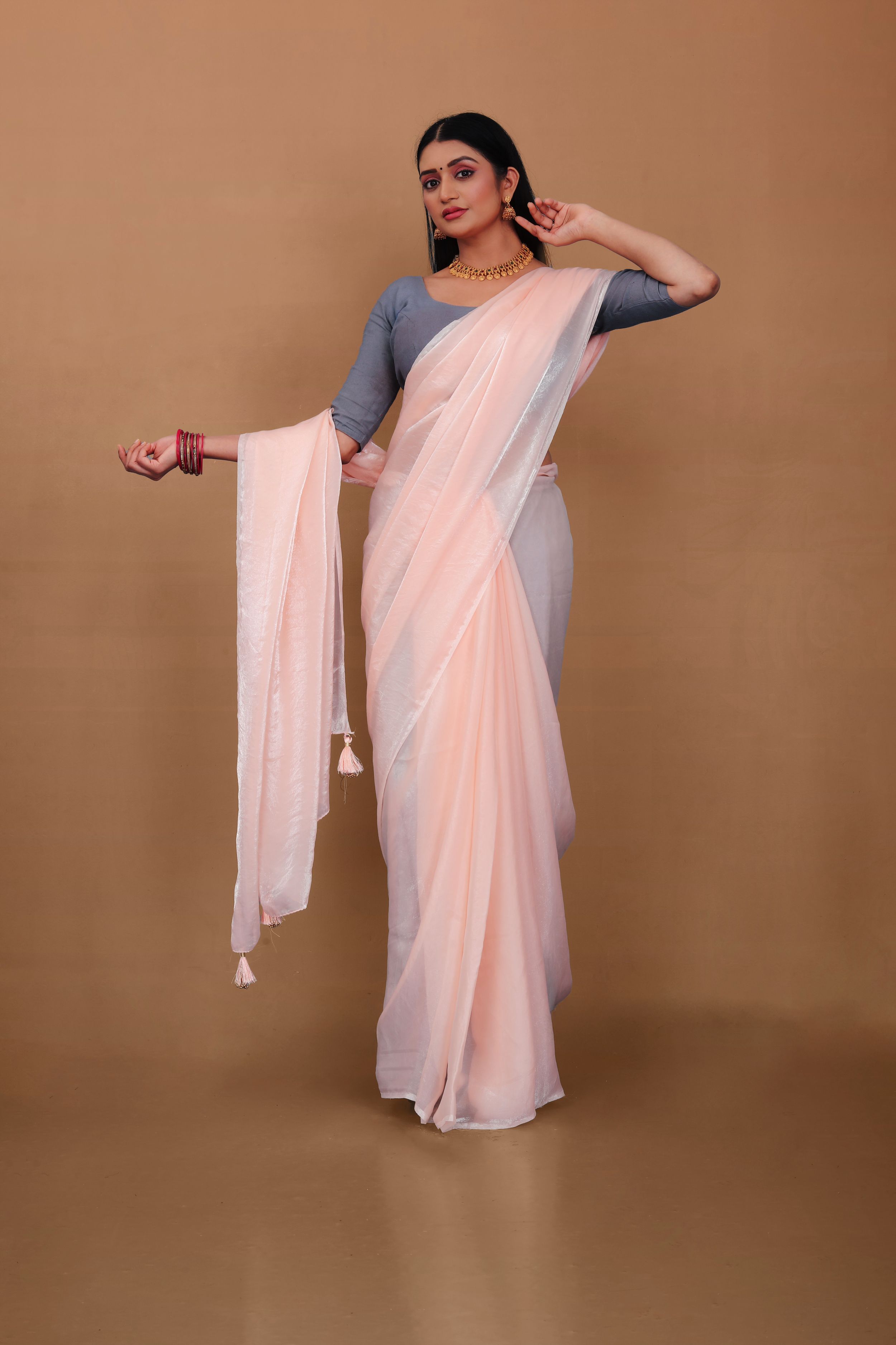 Lahariya “Blush Pink Shimmer Satin Saree” with Lace Border & Unstitched Blouse - Buy latest designer sarees online from Lahariya
