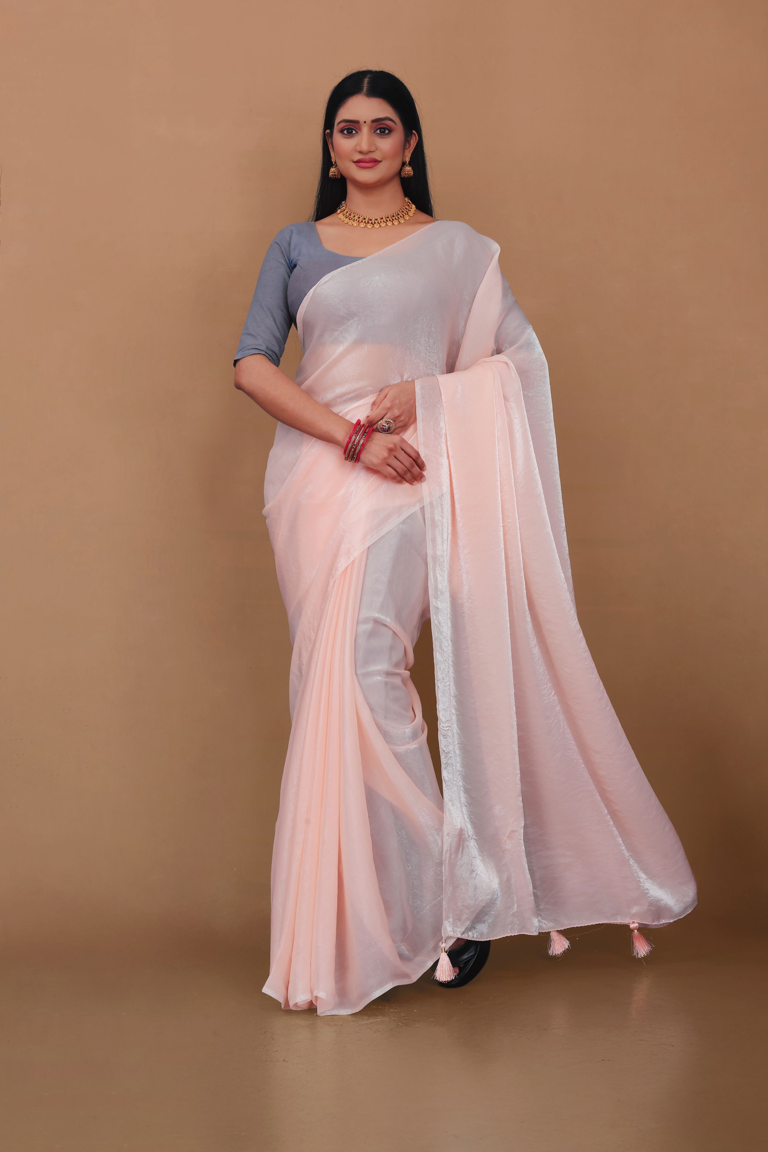 Lahariya “Blush Pink Shimmer Satin Saree” with Lace Border & Unstitched Blouse - Buy latest designer sarees online from Lahariya

