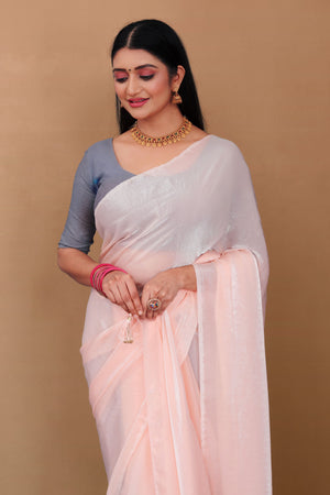 Lahariya “Blush Pink Shimmer Satin Saree” with Lace Border & Unstitched Blouse - Buy latest designer sarees online from Lahariya
