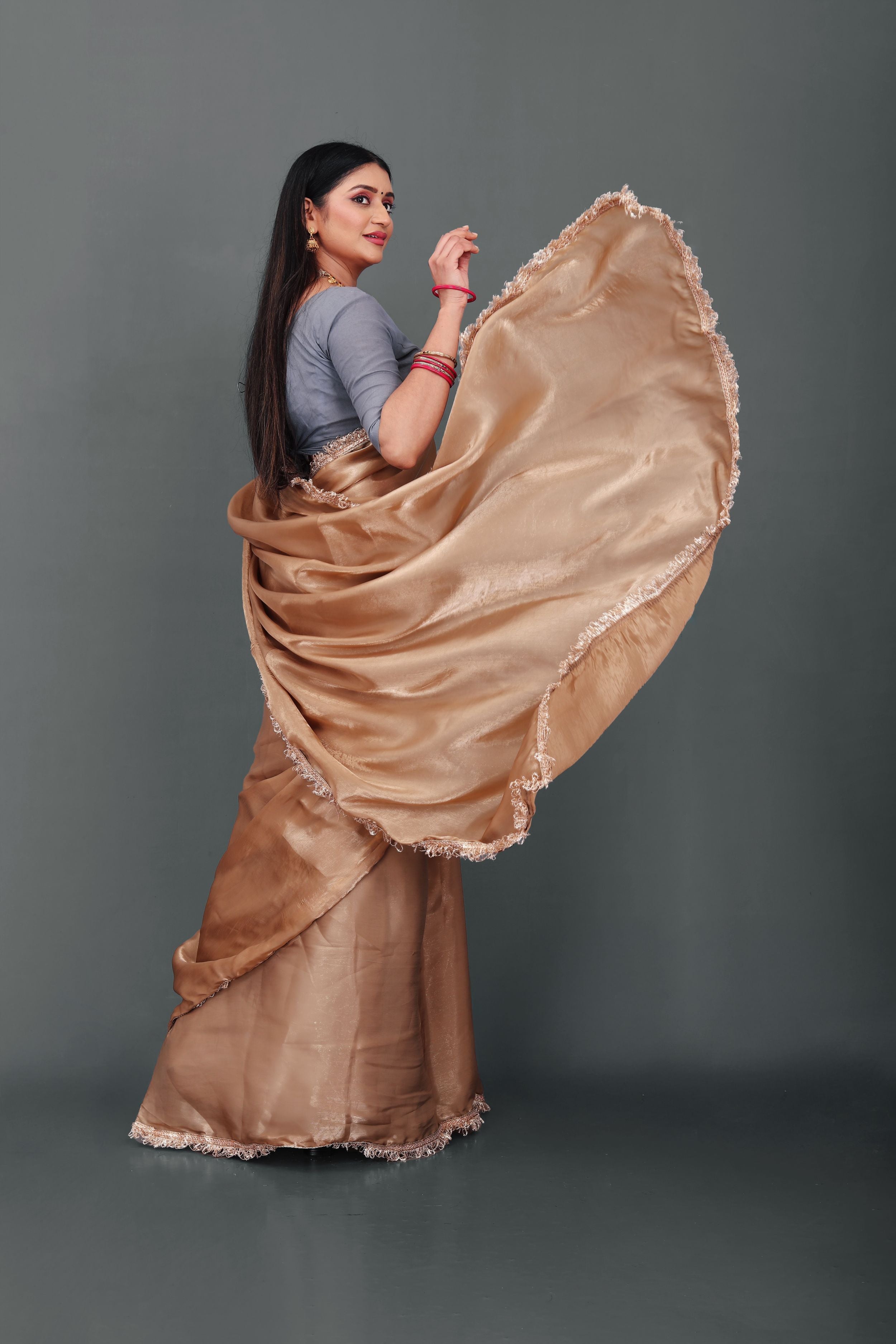 Lahariya "Champagne Glow" Jimmy Choo Silk Saree with Lace & Blouse - Buy latest designer sarees online from Lahariya
