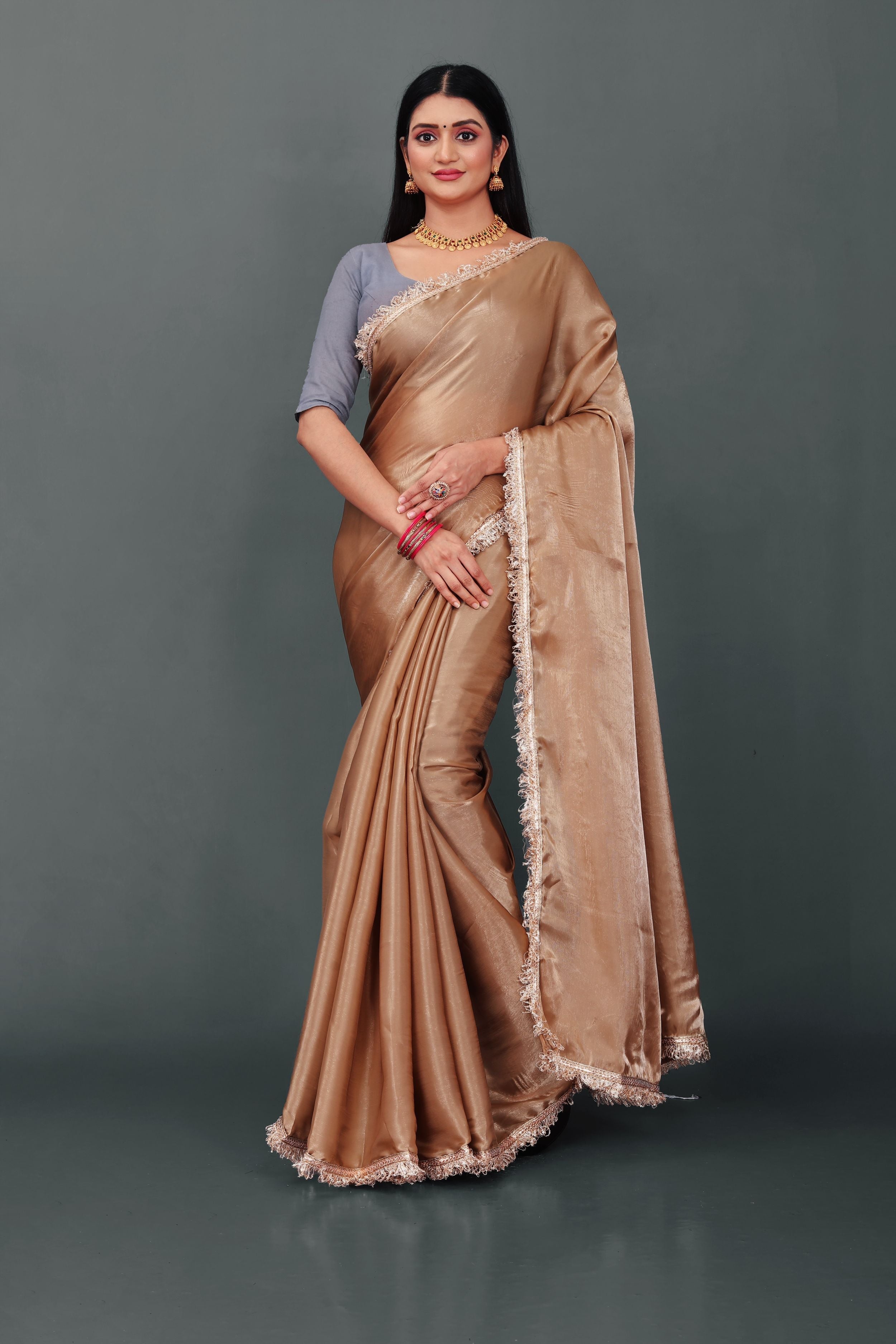 Lahariya "Champagne Glow" Jimmy Choo Silk Saree with Lace & Blouse - Buy latest designer sarees online from Lahariya
