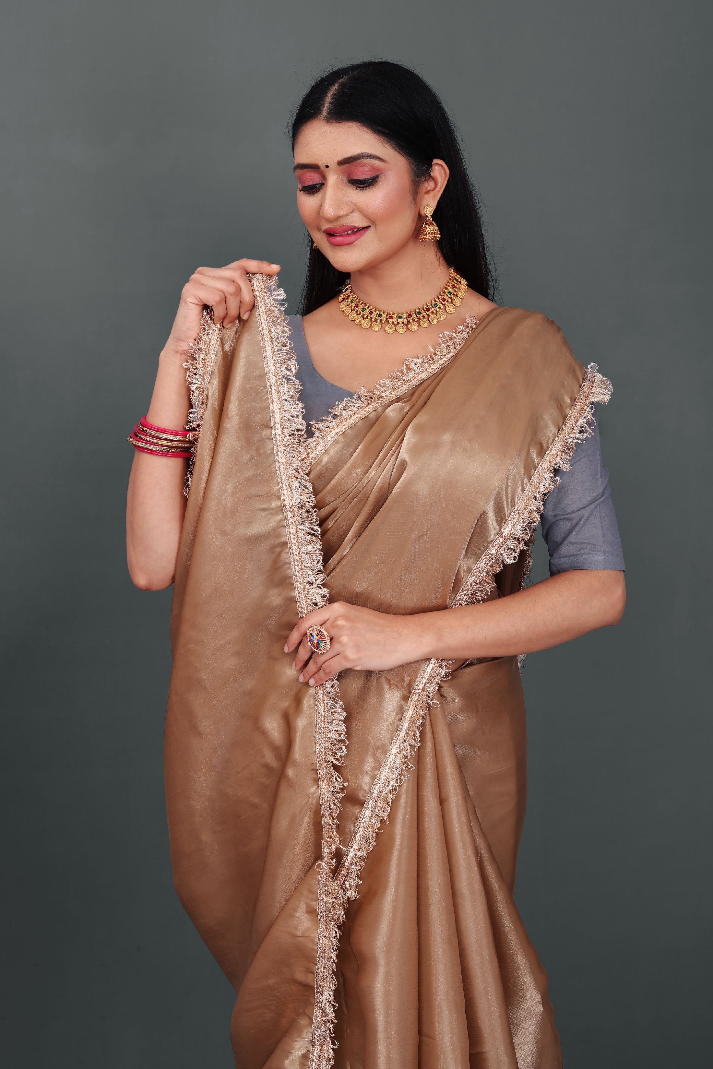 Lahariya "Champagne Glow" Jimmy Choo Silk Saree with Lace & Blouse - Buy latest designer sarees online from Lahariya
