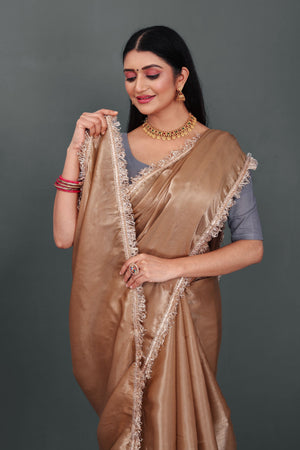 Lahariya "Champagne Glow" Jimmy Choo Silk Saree with Lace & Blouse - Buy latest designer sarees online from Lahariya
