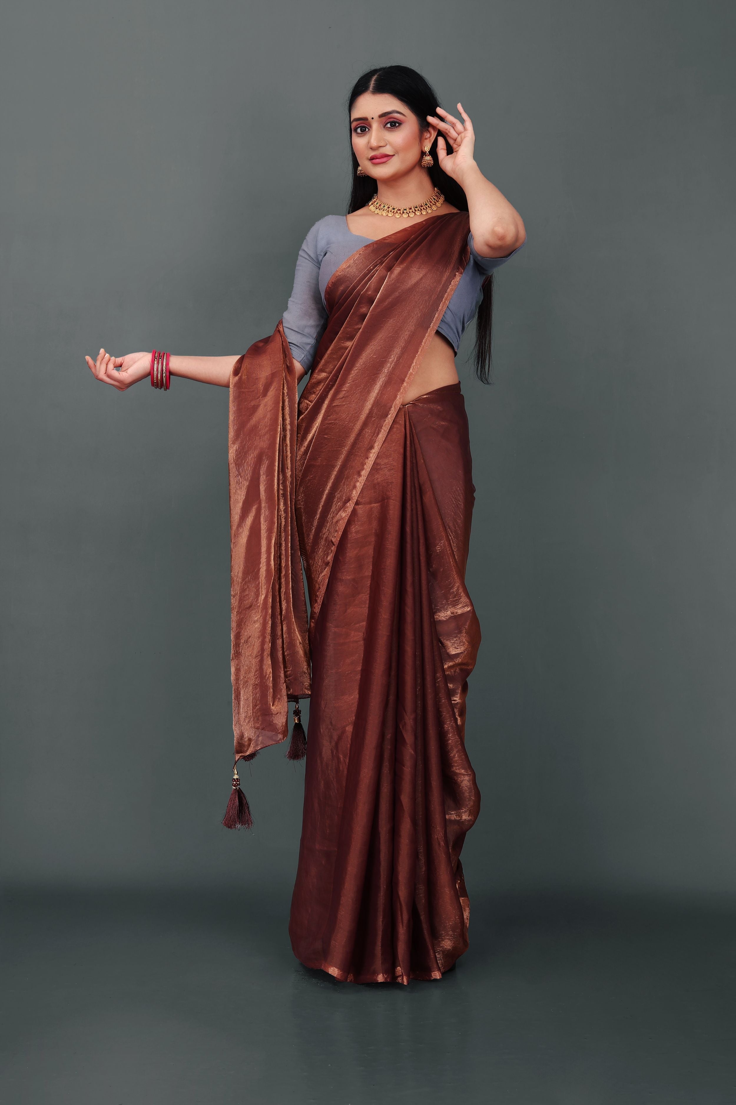 Lahariya “Chocolate Copper Shimmer Satin Saree” with Unstitched Blouse - Buy latest designer sarees online from Lahariya
