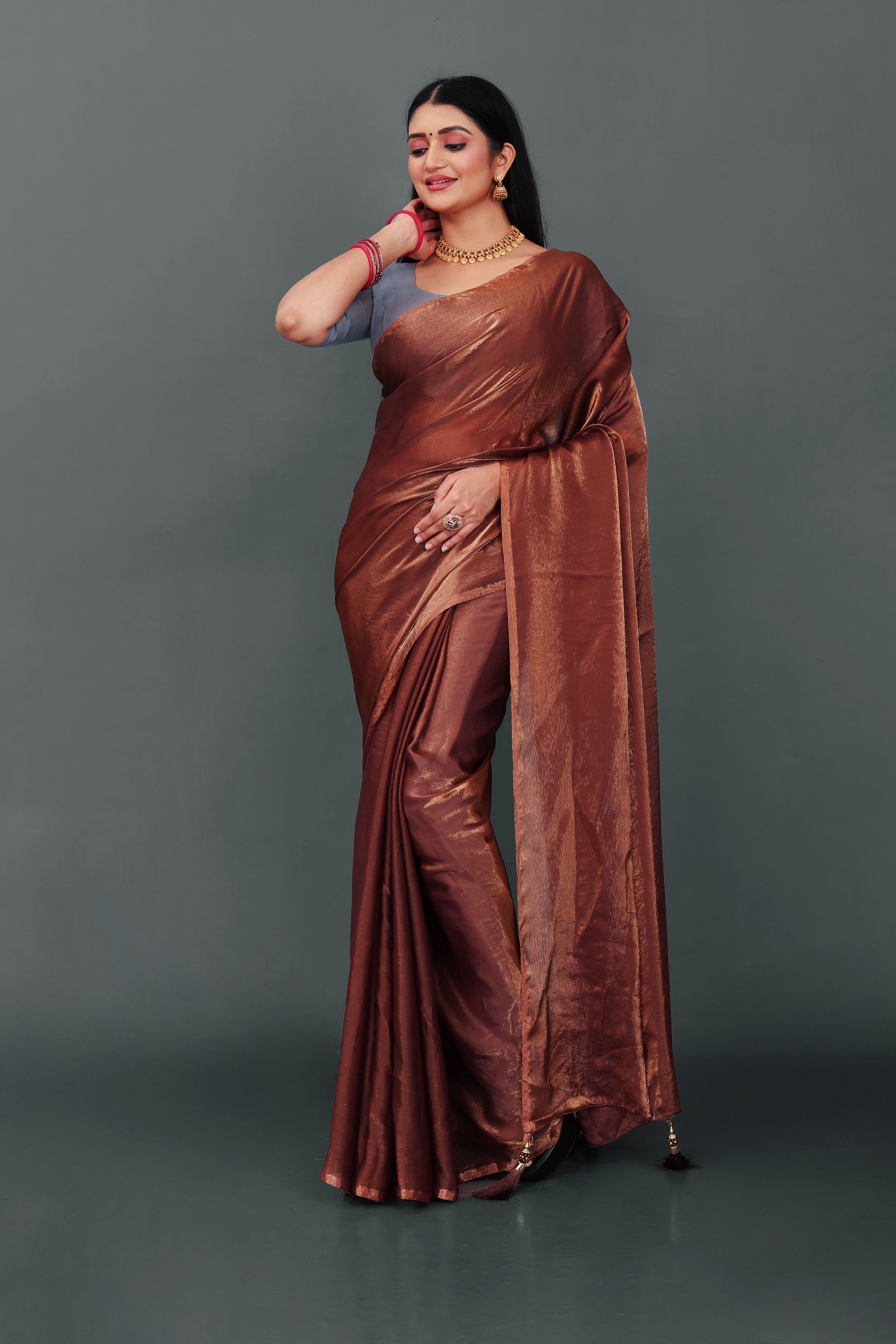 Lahariya “Chocolate Copper Shimmer Satin Saree” with Unstitched Blouse - Buy latest designer sarees online from Lahariya

