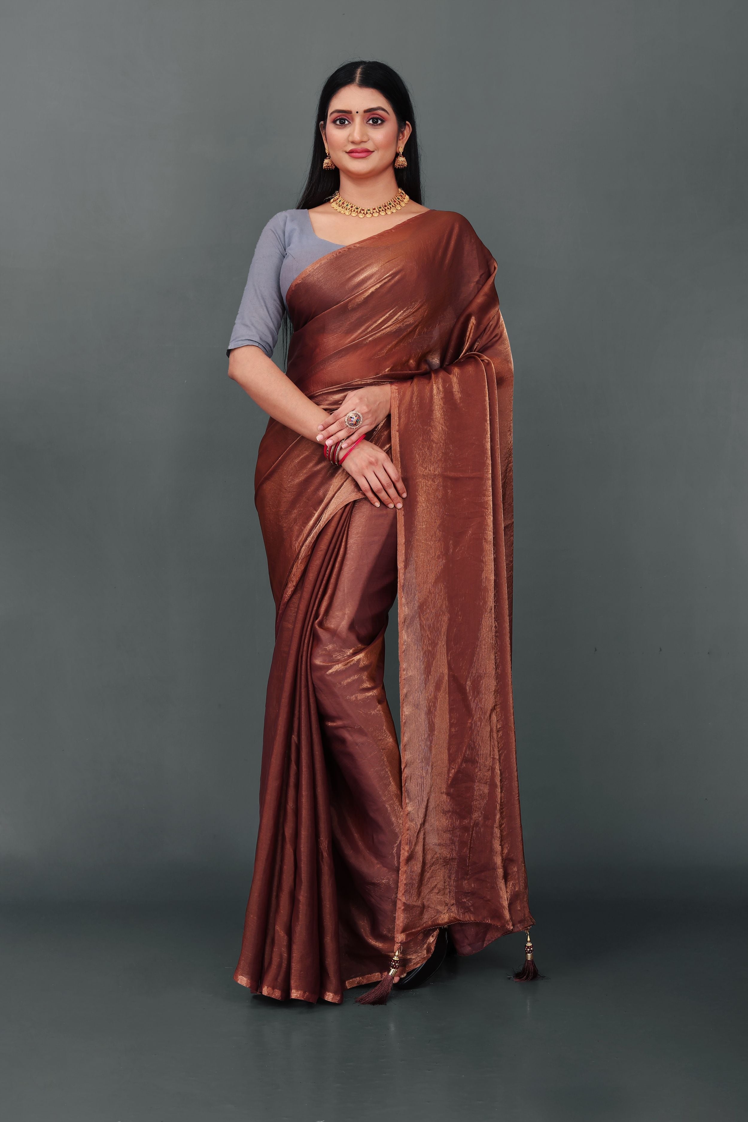 Lahariya “Chocolate Copper Shimmer Satin Saree” with Unstitched Blouse - Buy latest designer sarees online from Lahariya
