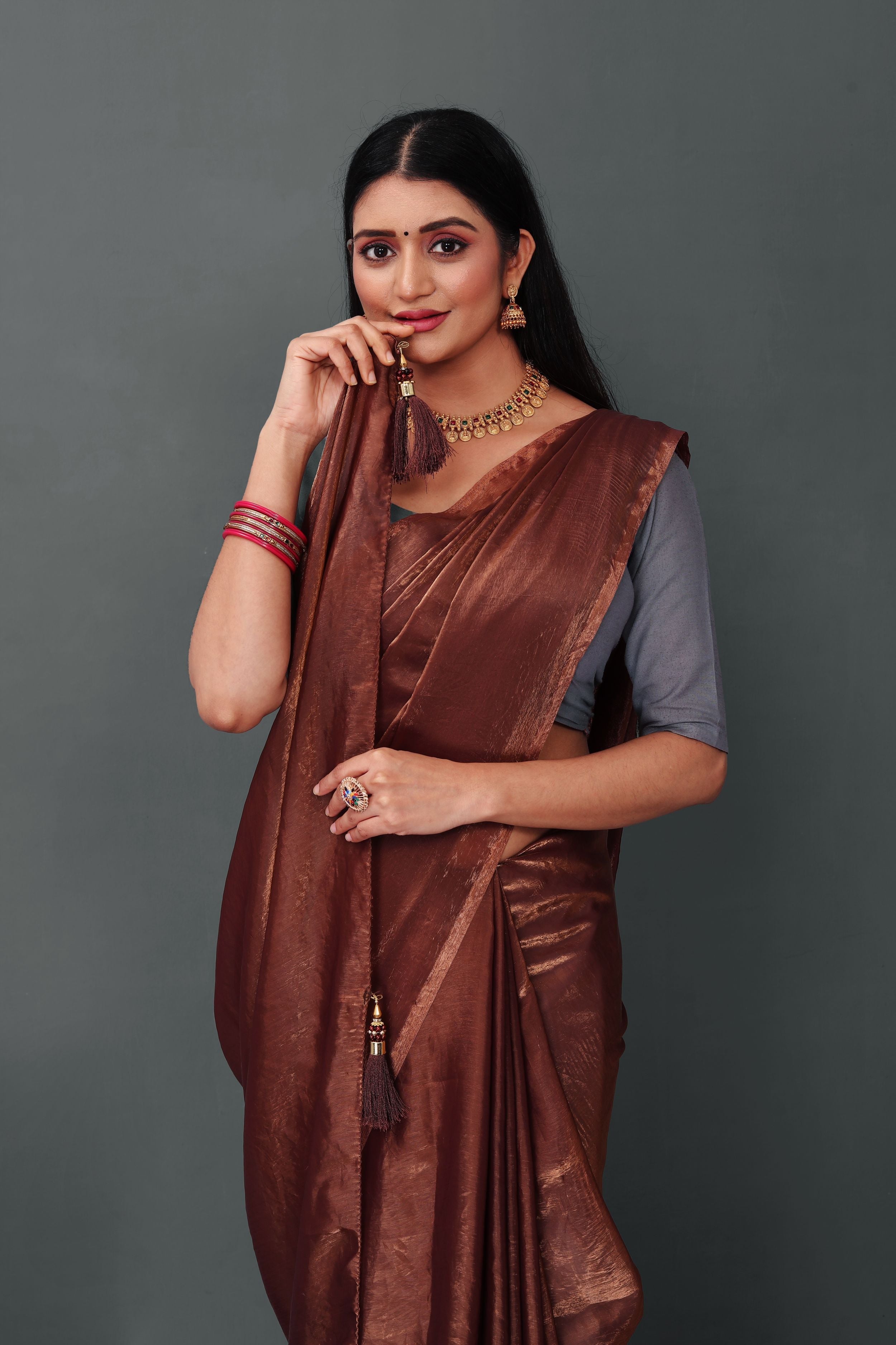 Lahariya “Chocolate Copper Shimmer Satin Saree” with Unstitched Blouse - Buy latest designer sarees online from Lahariya
