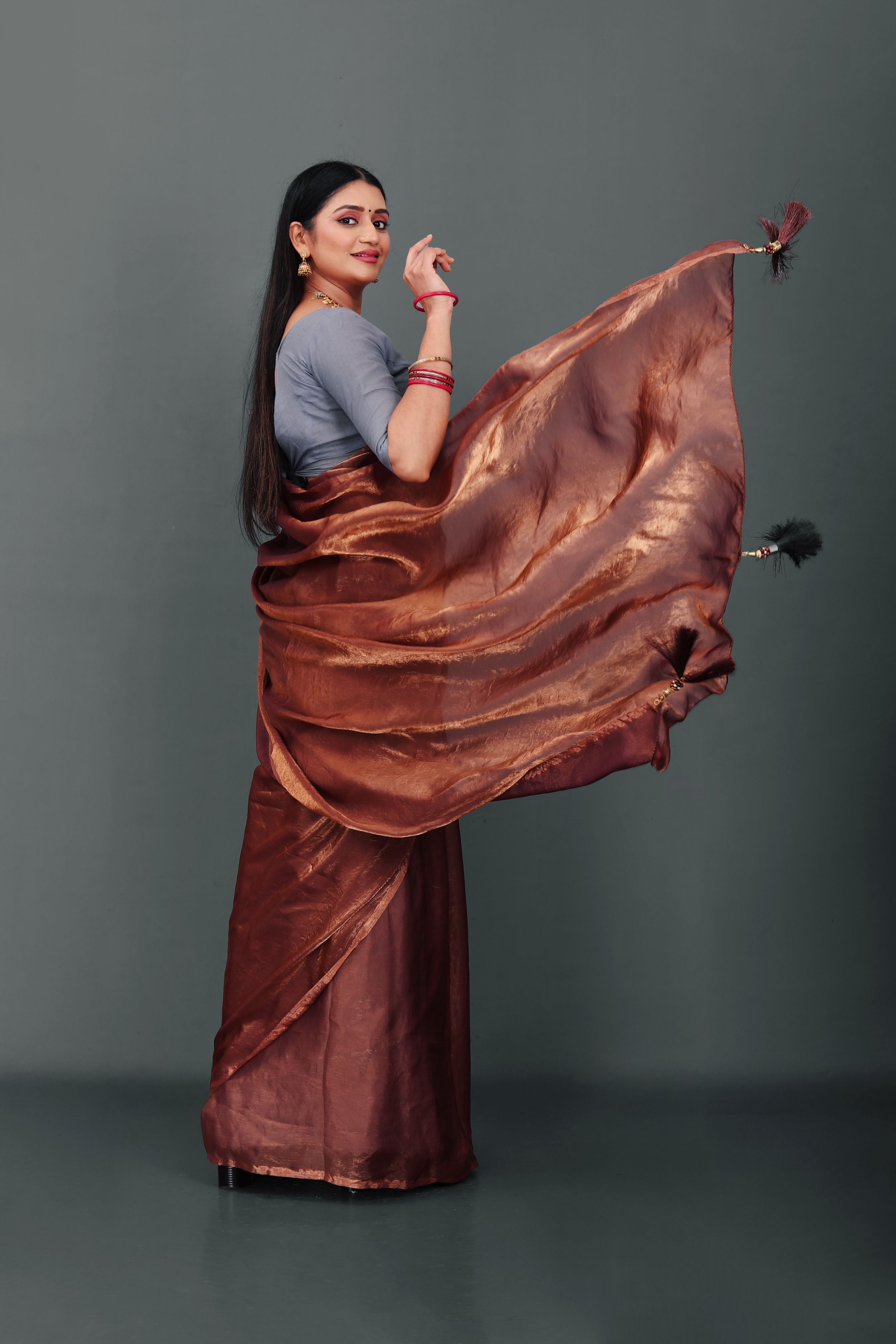 Lahariya “Chocolate Copper Shimmer Satin Saree” with Unstitched Blouse - Buy latest designer sarees online from Lahariya
