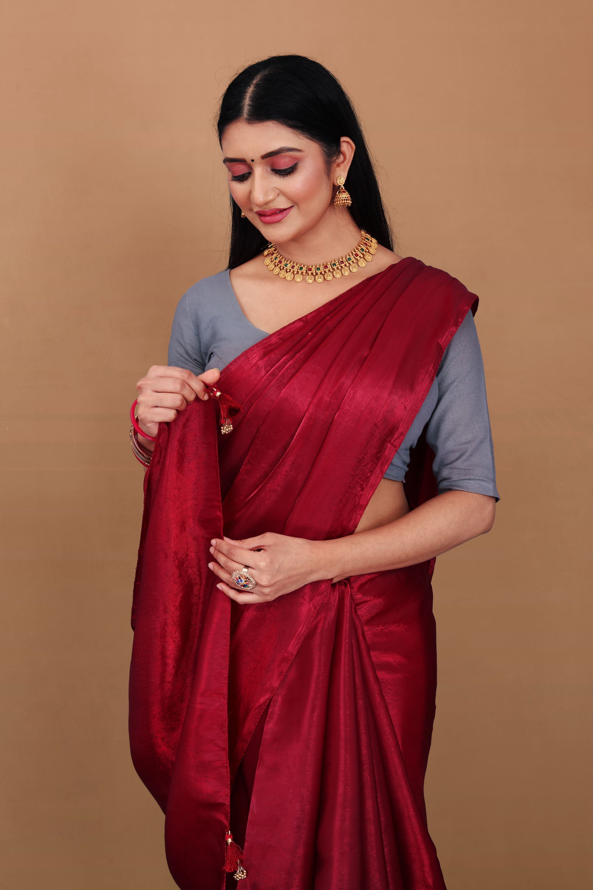 Lahariya "Crimson Ruby" Jimmy Choo Silk Saree with Lace & Blouse - Buy latest designer sarees online from Lahariya
