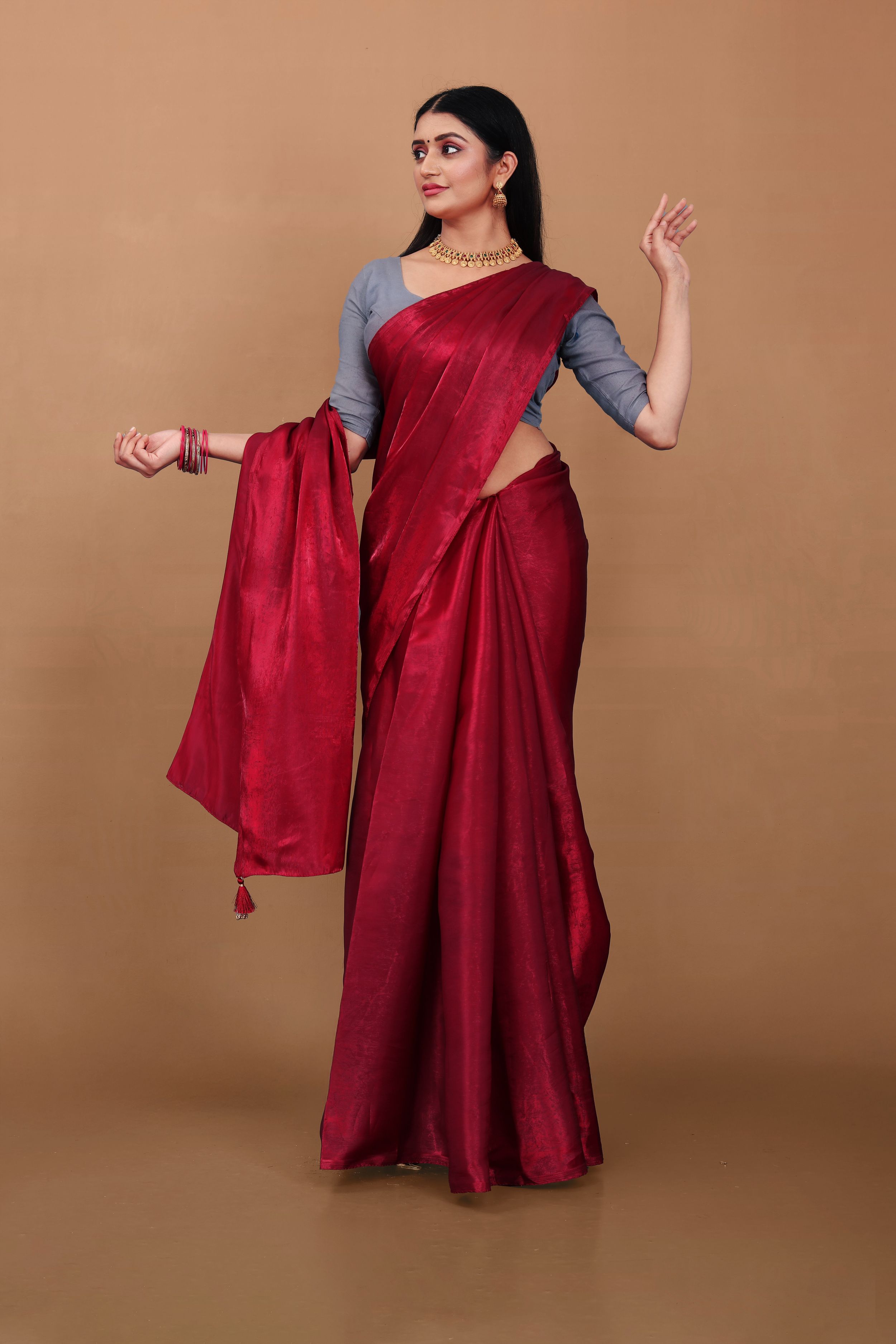 Lahariya "Crimson Ruby" Jimmy Choo Silk Saree with Lace & Blouse - Buy latest designer sarees online from Lahariya
