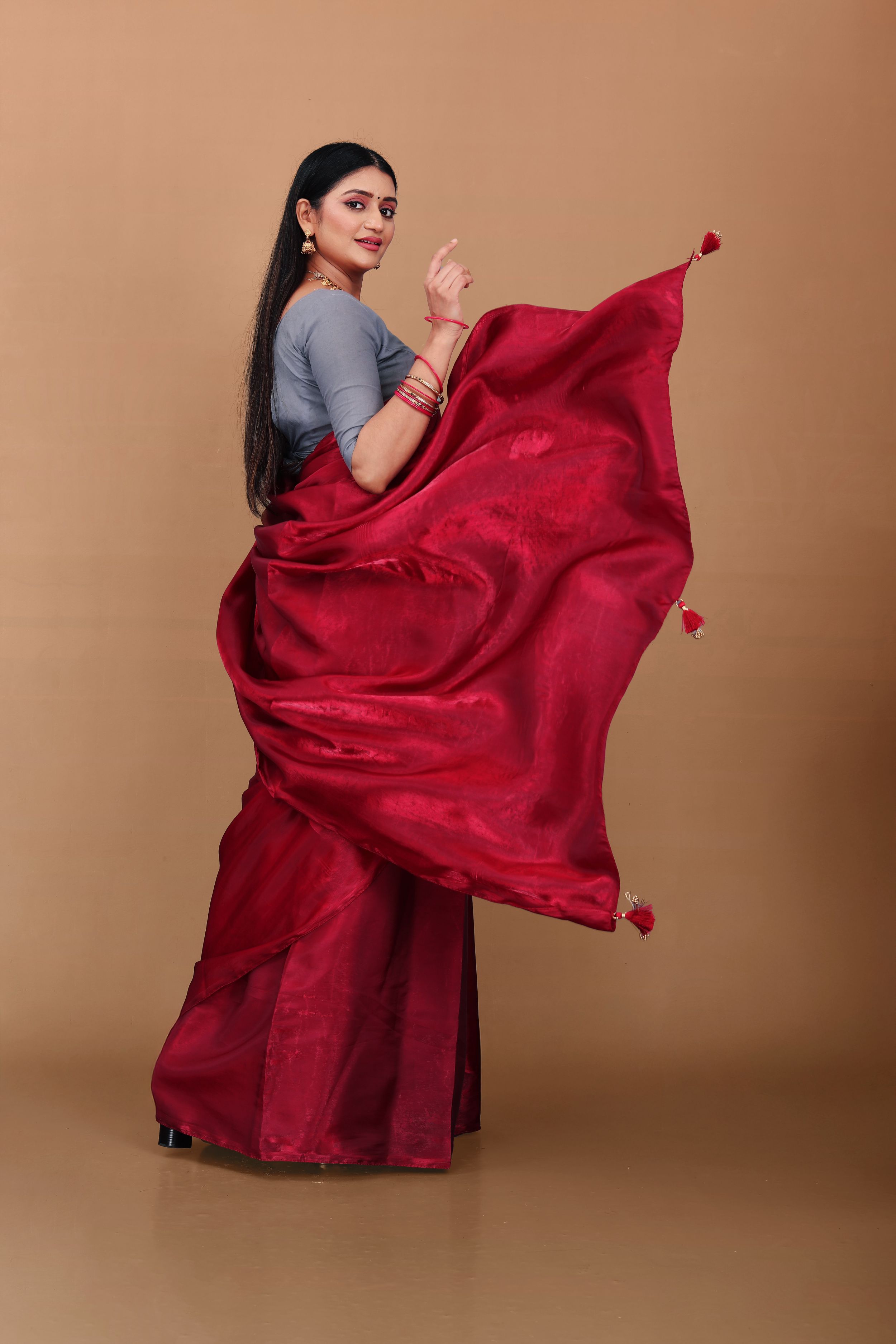 Lahariya "Crimson Ruby" Jimmy Choo Silk Saree with Lace & Blouse - Buy latest designer sarees online from Lahariya
