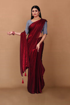 Lahariya “Deep Wine Shimmer Satin Saree” with Lace Border & Unstitched Blouse - Buy latest designer sarees online from Lahariya
