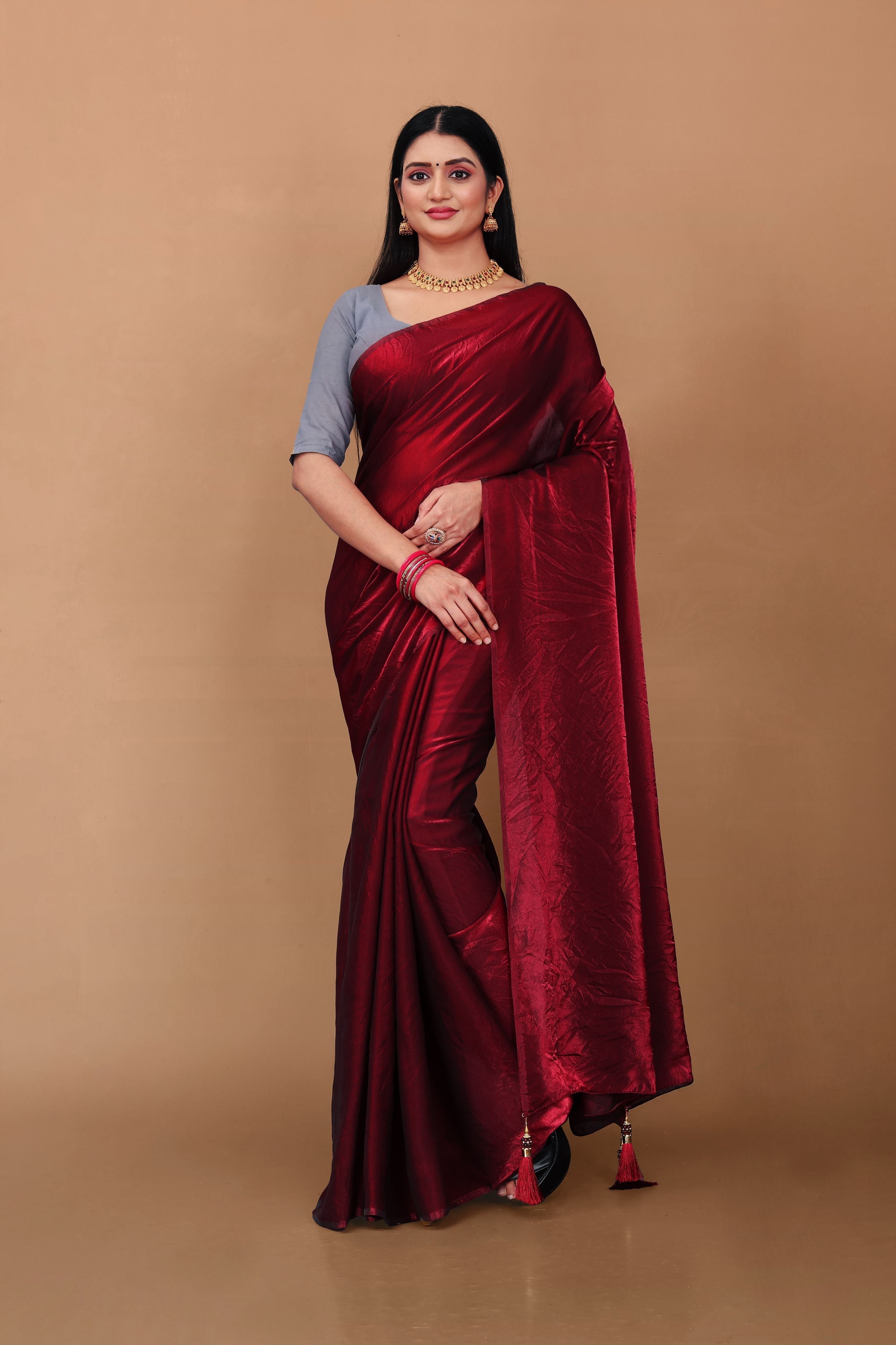 Lahariya “Deep Wine Shimmer Satin Saree” with Lace Border & Unstitched Blouse - Buy latest designer sarees online from Lahariya
