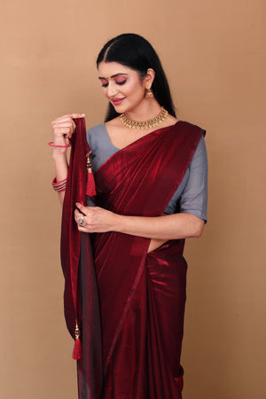 Lahariya “Deep Wine Shimmer Satin Saree” with Lace Border & Unstitched Blouse - Buy latest designer sarees online from Lahariya
