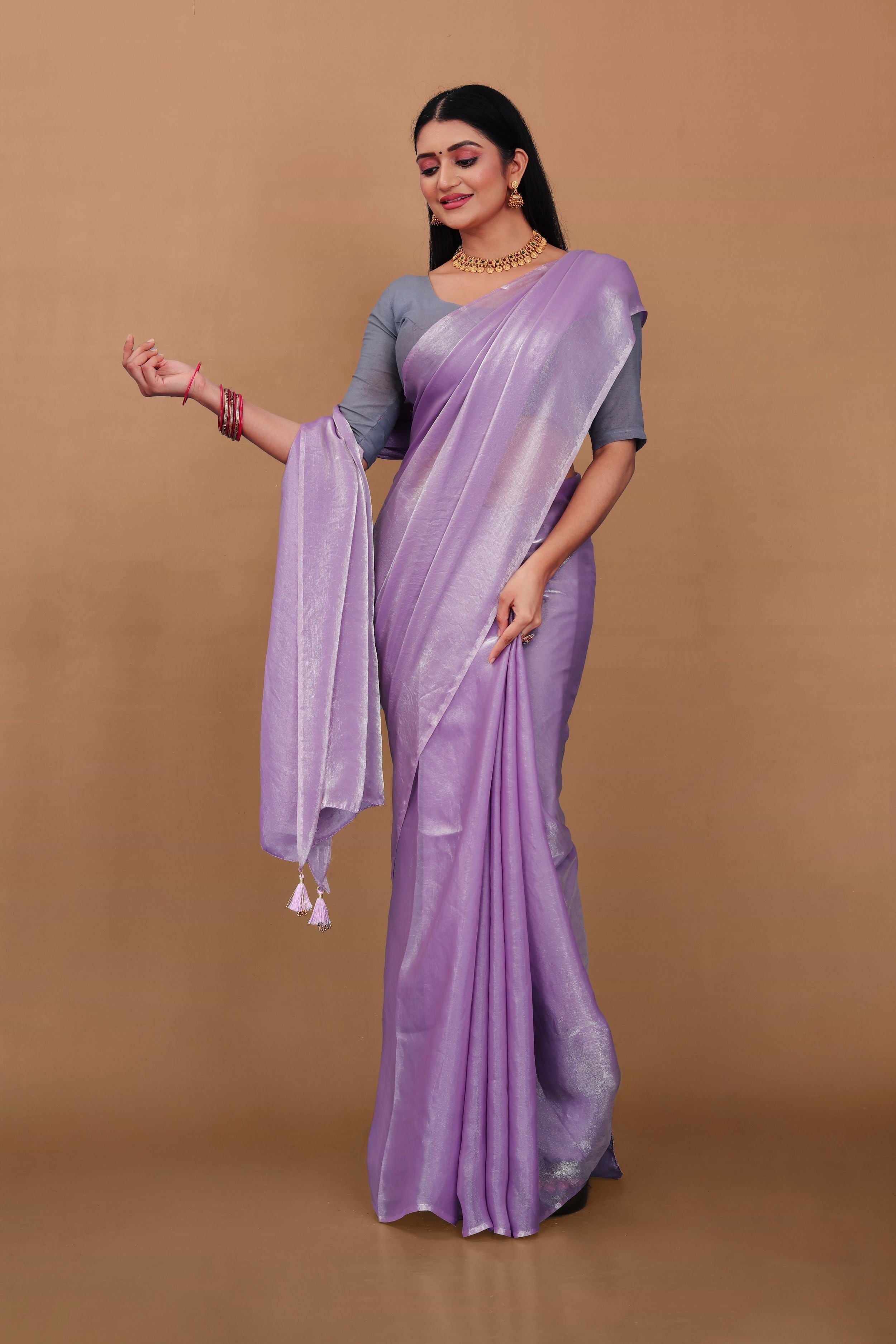 Lahariya "Lavender Dust" Shimmer Satin Saree with Lace & Unstitched Blouse - Buy latest designer sarees online from Lahariya
