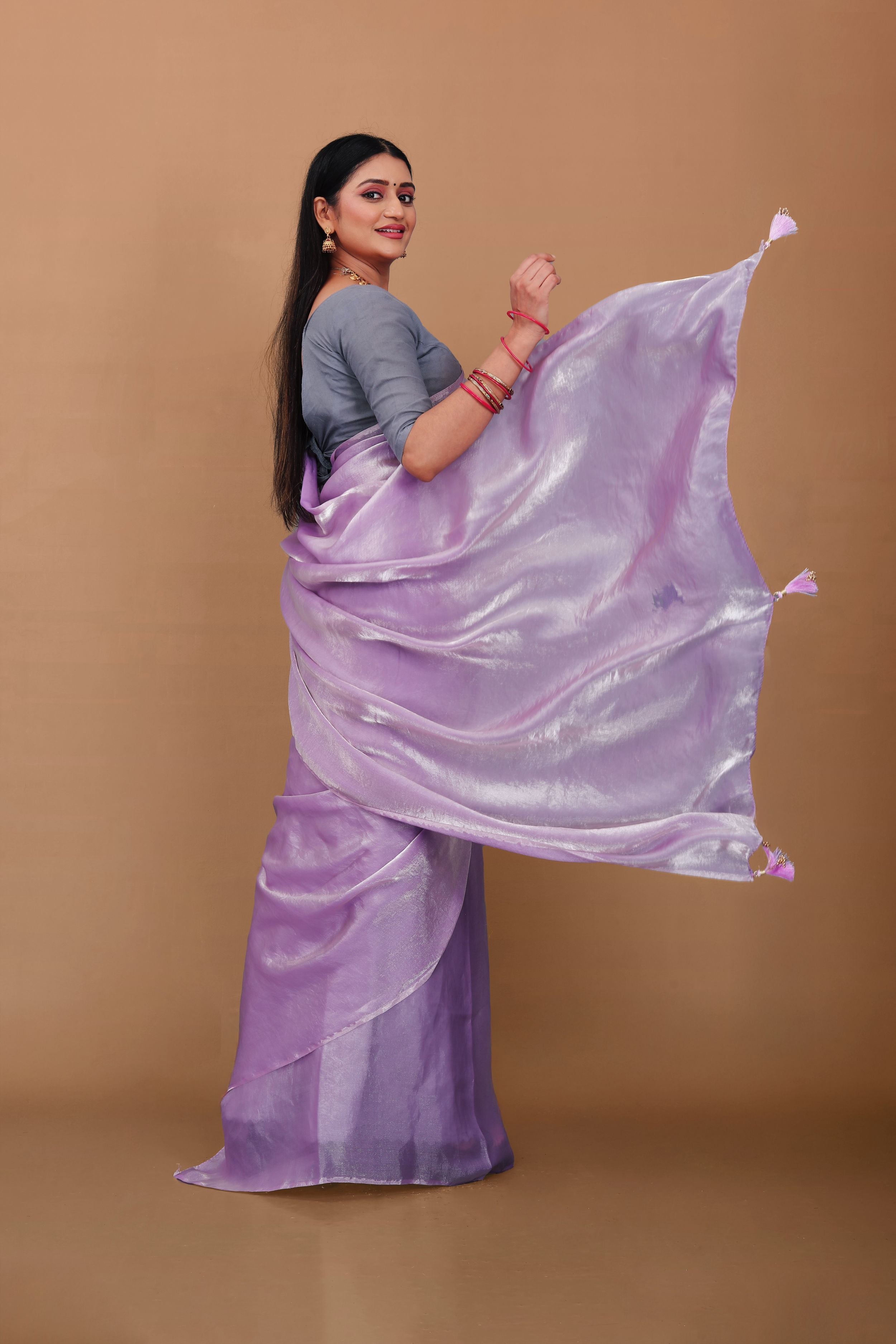 Lahariya "Lavender Dust" Shimmer Satin Saree with Lace & Unstitched Blouse - Buy latest designer sarees online from Lahariya
