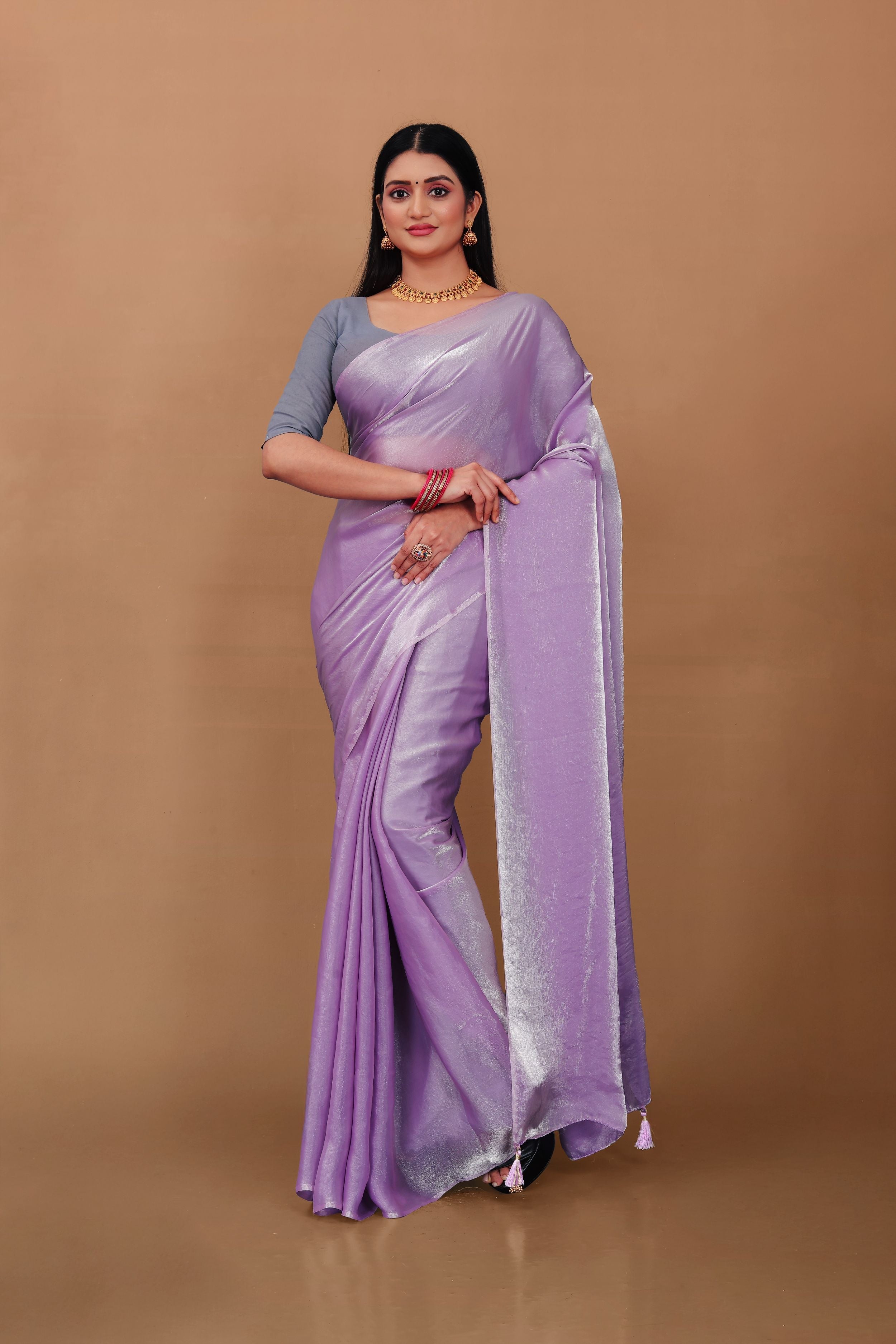 Lahariya "Lavender Dust" Shimmer Satin Saree with Lace & Unstitched Blouse - Buy latest designer sarees online from Lahariya
