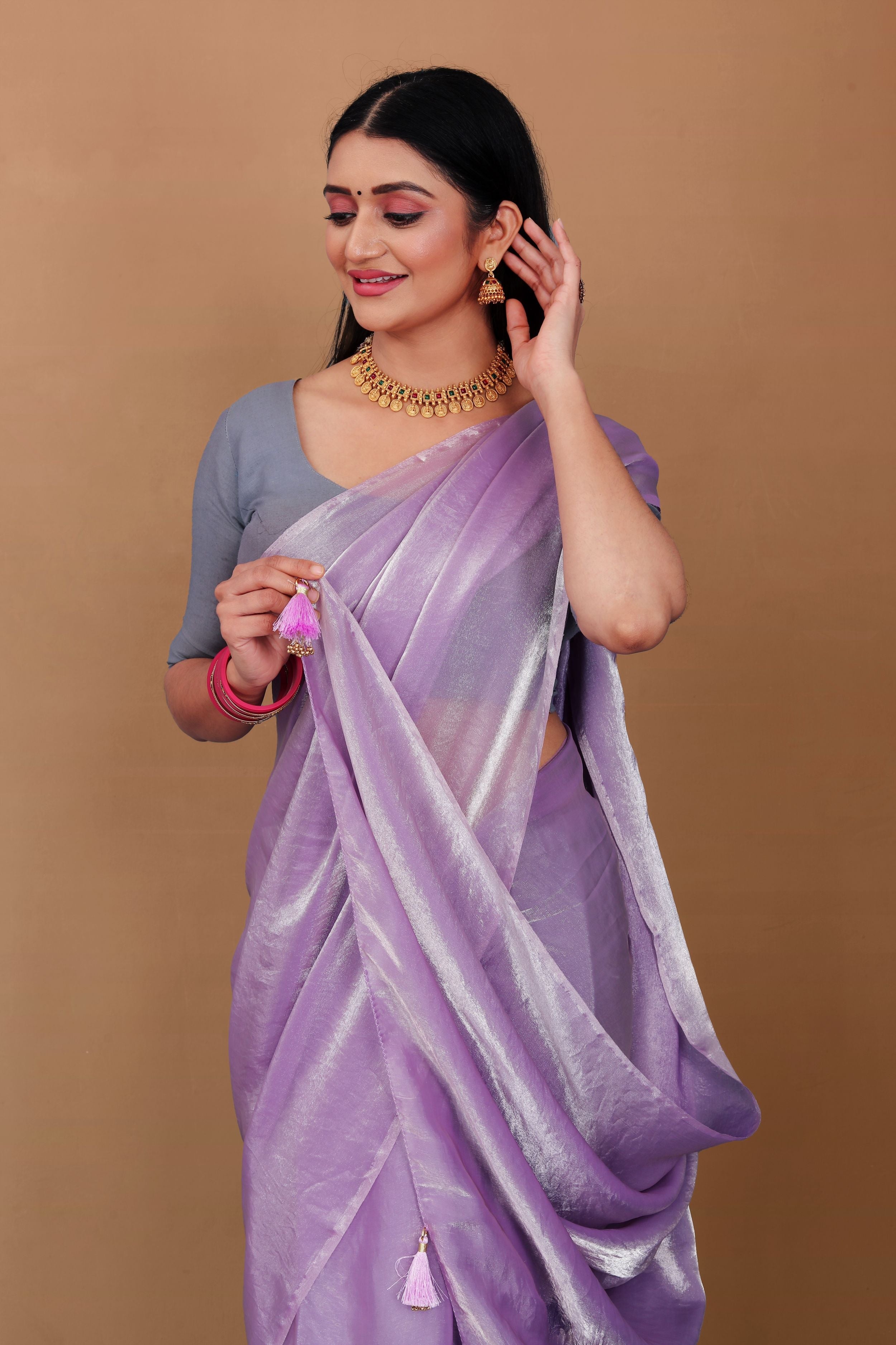 Lahariya "Lavender Dust" Shimmer Satin Saree with Lace & Unstitched Blouse - Buy latest designer sarees online from Lahariya
