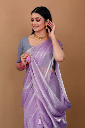 Lahariya "Lavender Dust" Shimmer Satin Saree with Lace & Unstitched Blouse - Buy latest designer sarees online from Lahariya
