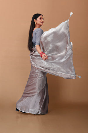 Lahariya “Metallic Silver Shimmer Satin Saree” with Lace Border & Unstitched Blouse - Buy latest designer sarees online from Lahariya
