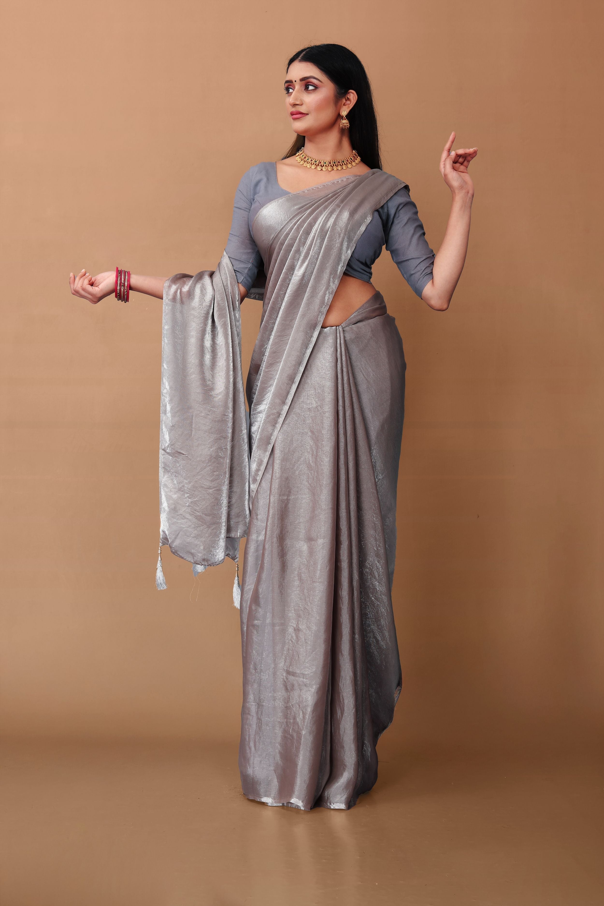 Lahariya “Metallic Silver Shimmer Satin Saree” with Lace Border & Unstitched Blouse - Buy latest designer sarees online from Lahariya
