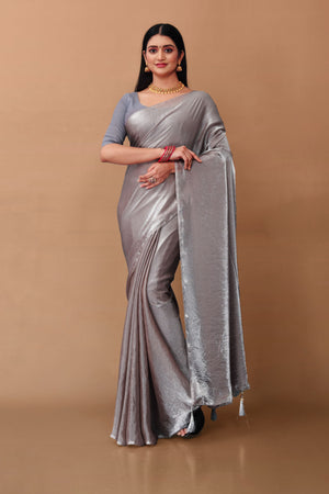 Lahariya “Metallic Silver Shimmer Satin Saree” with Lace Border & Unstitched Blouse - Buy latest designer sarees online from Lahariya
